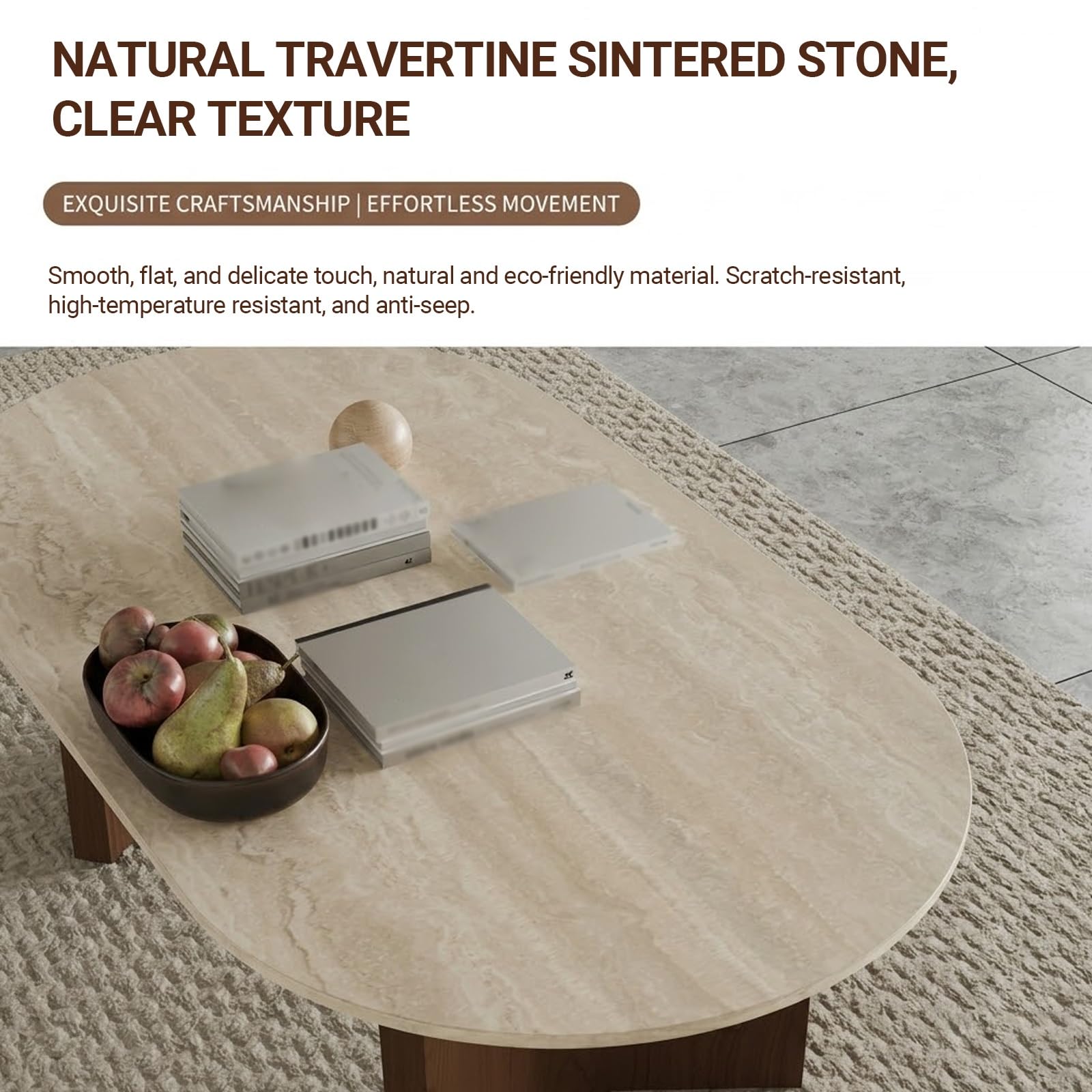 Mesa de Centro Ovalada para Sala Moderna, Tablero Piedra sinterizada, Base Madera Maciza, Mesa Minimalista para salón, Cocktail Tables para Apartamentos pequeños(100cm/39.4in)