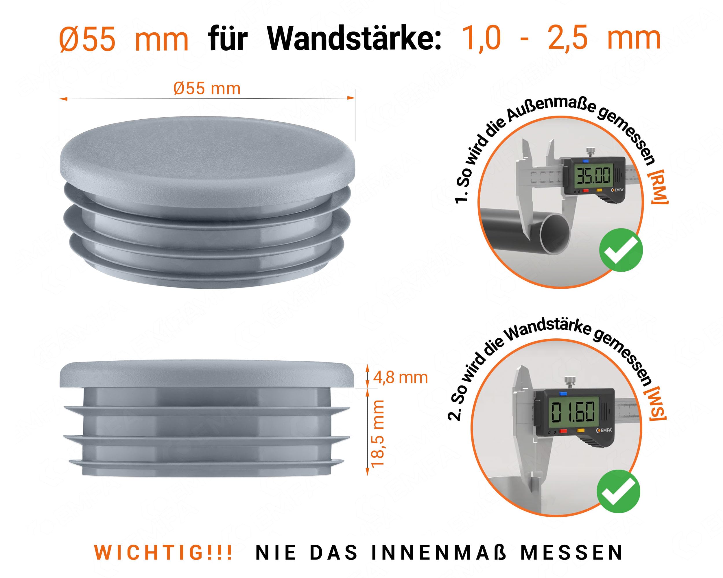 EMFA Tapón para Tubo Redondo Acanalado 55 mm Gris, 100 Unidades | Tapa para Tubo, Capuchón para Tubo, Plástico PE, Protección contra el Polvo