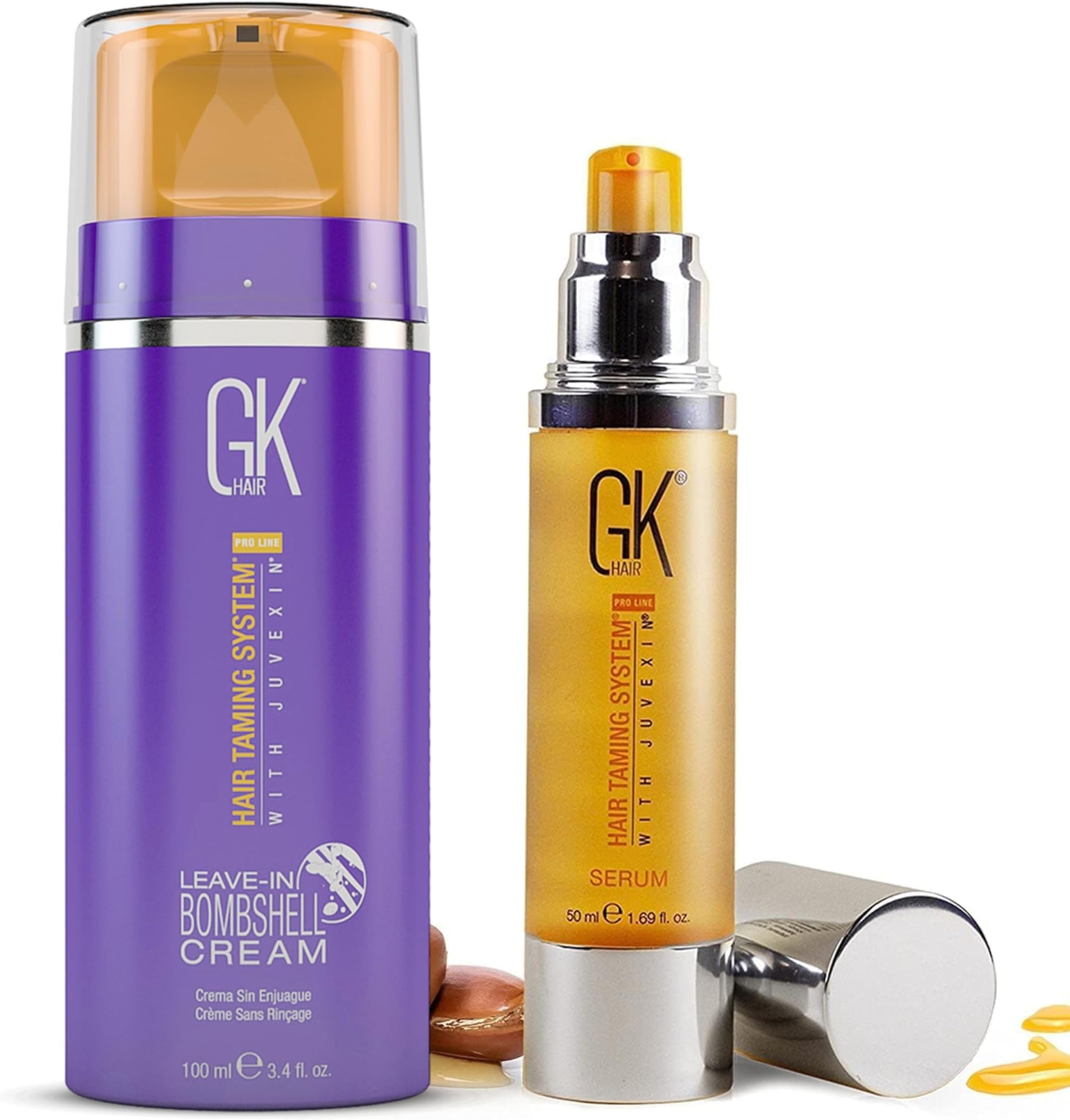 Global Keratin Leave-In Bombshell Cream 3.4 fl oz and Argan Oil Serum 1.69 fl oz | Moisturizing Treatment for Dry, Damaged, Dull Hair | Restorative Hair Care with Argan Oil