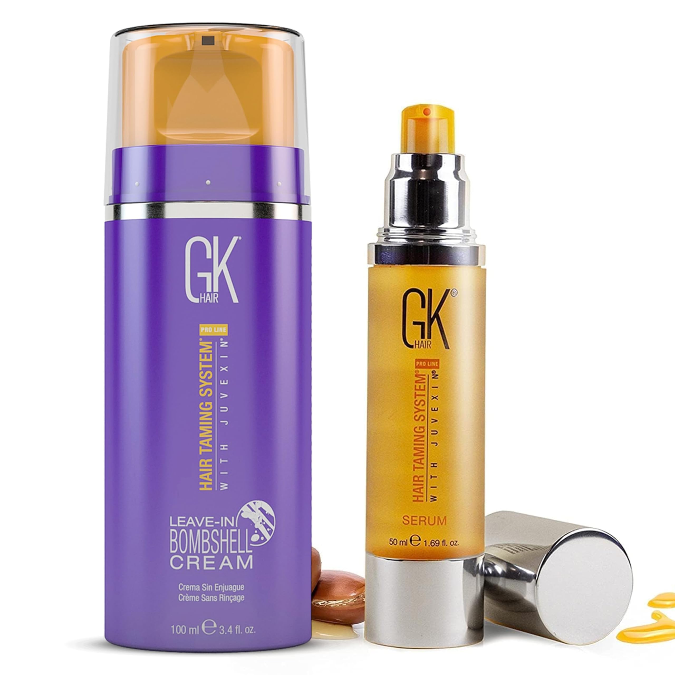 Global Keratin Leave-In Bombshell Cream 3.4 fl oz and Argan Oil Serum 1.69 fl oz | Moisturizing Treatment for Dry, Damaged, Dull Hair | Restorative Hair Care with Argan Oil