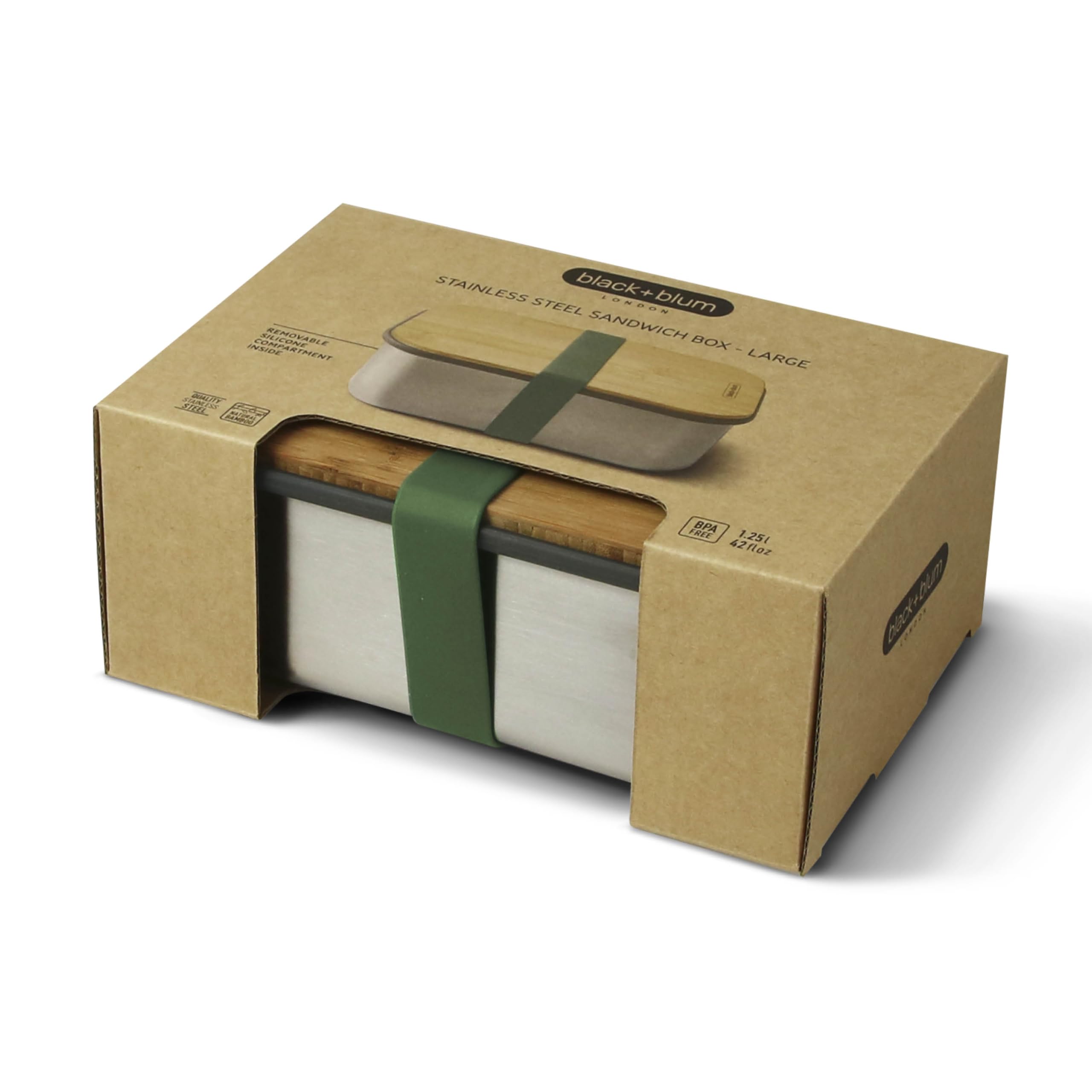 BLACK + BLUM | Stainless-Steel Sandwich Box Food Container | Packed Metal Lunch Box for Kids and Adults with Bamboo Lid and Silicone Seal | Olive Green, 1.25 L / 42 fl oz