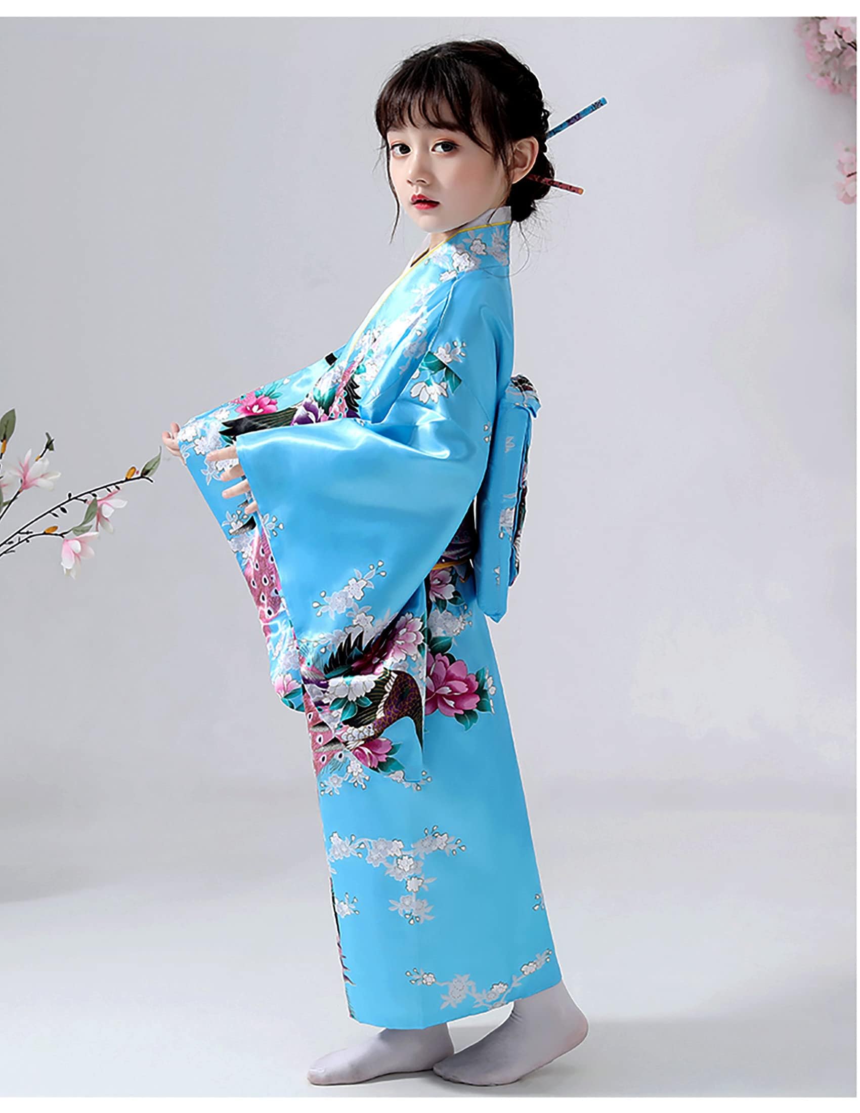 Dziecięca Yukata Vintage Japoński Styl - Dziewczyna Kimono Dzieci Sukienka Tradycyjna Odzież Jedwabna Tkanina Szlafrok Odzież Ślubna Impreza Suknia Występ