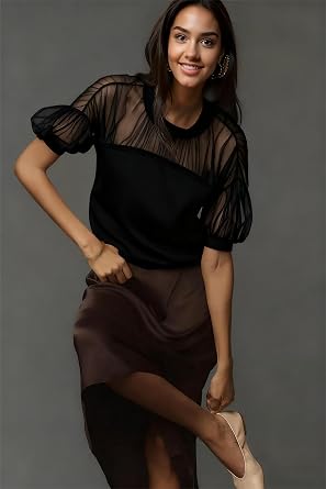 Women Sheer Mesh Puff Short Sleeve Top Elegant Crew Neck Chiffon Panel Blouse Soft Lightweight Pleated Shirt