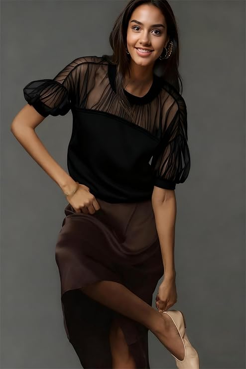 Women Sheer Mesh Puff Short Sleeve Top Elegant Crew Neck Chiffon Panel Blouse Soft Lightweight Pleated Shirt