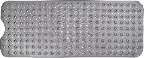 Tapete de ducha para bañera, antideslizante, lavable a máquina, ventosas y agujeros de drenaje para una fácil limpieza, 39.56 x 15.75 pulgadas (gris)