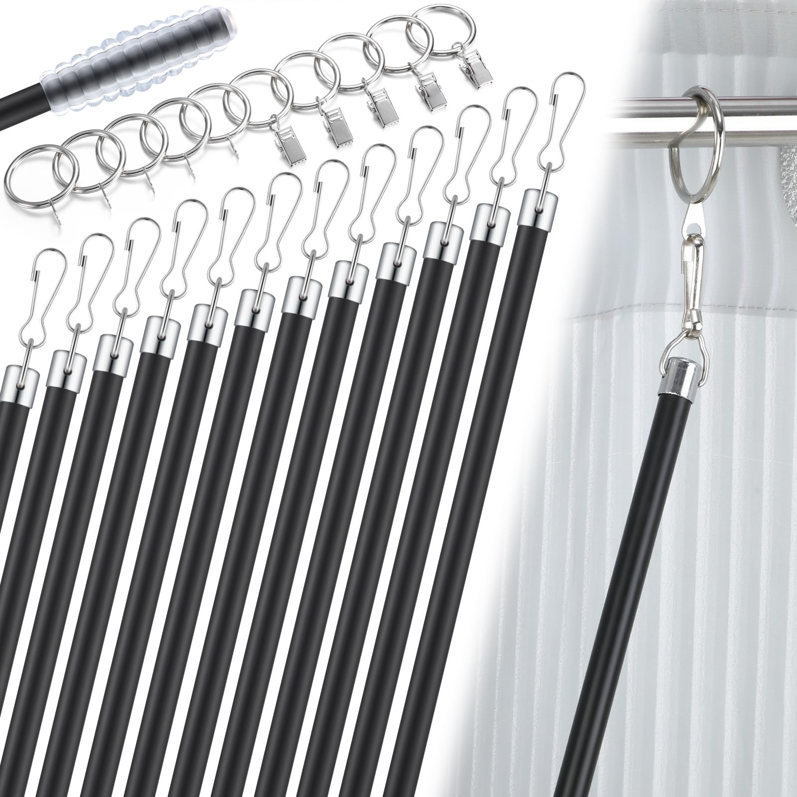 Shimeyao 12 Pack 36 Inch Curtain Pull Wands Black Drapery Pull Rod with 10 Hooks and 10 Rings Metal Iron Drapery Opener for Grommet Curtains Opening