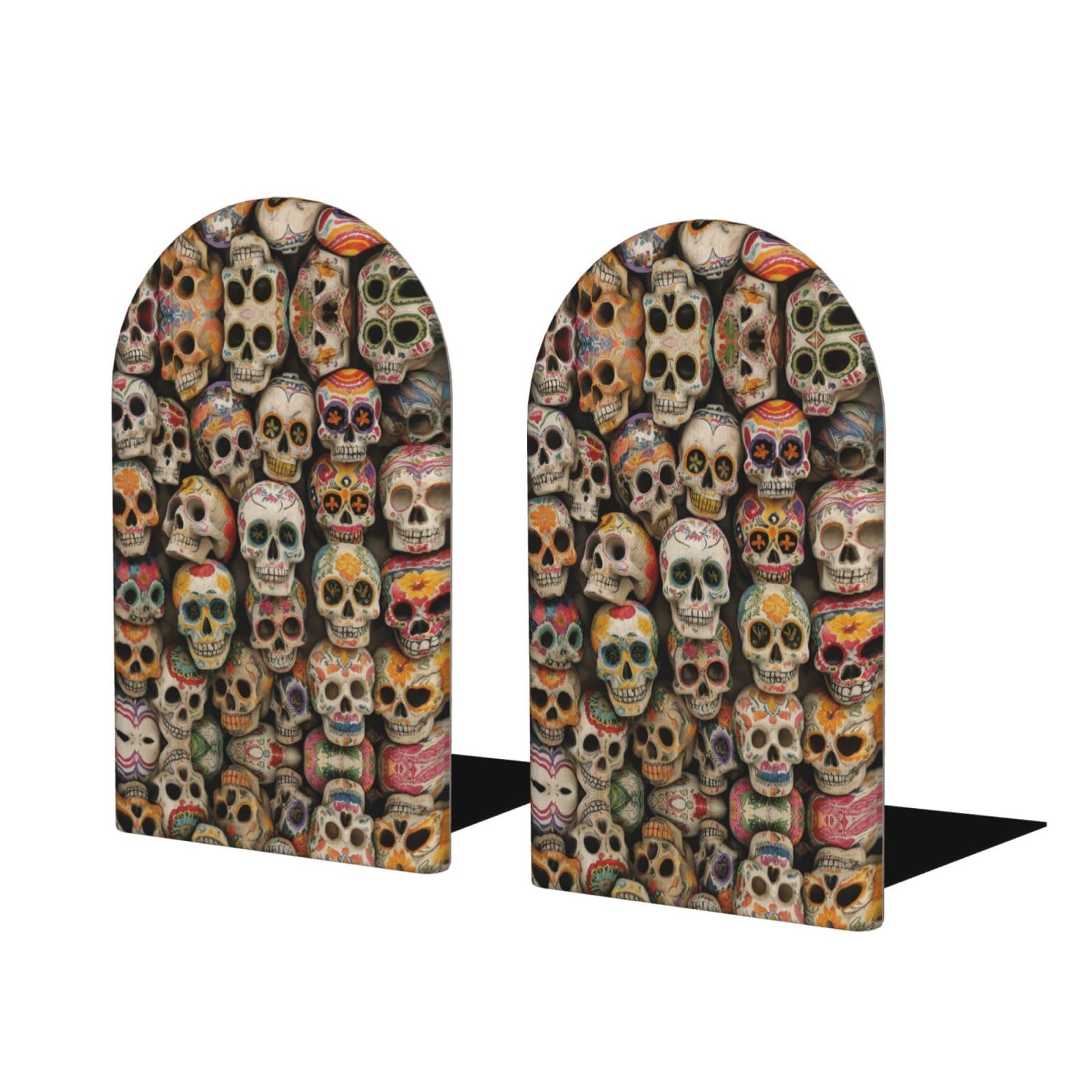 Skull (5) Stylish Bookends with Full-Print Design Durable Wooden and Metal Bookend Set for Home, Office