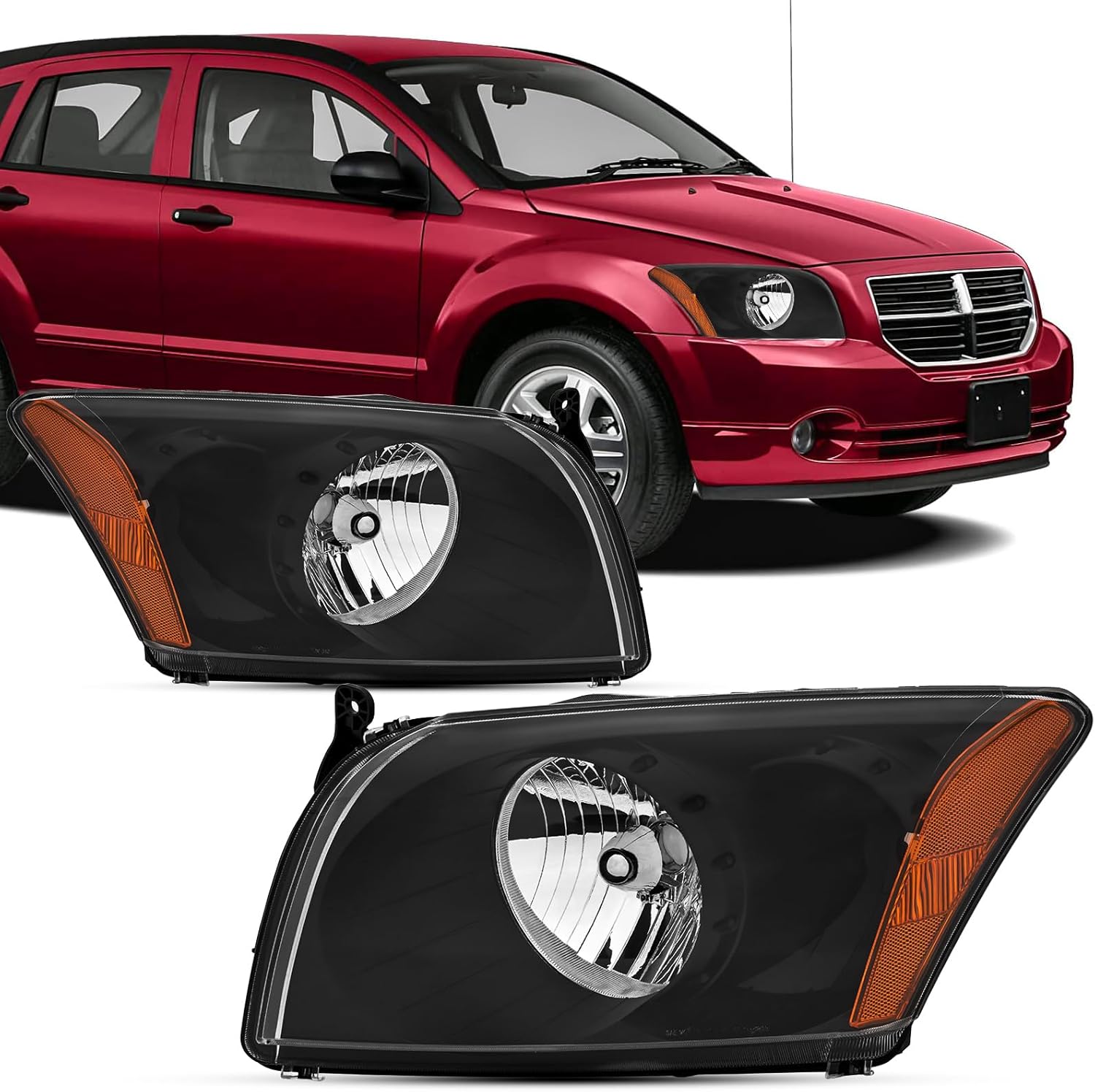 For 2007 2008 2009 2010 2011 2012 Dodge Caliber R/T SXT SE Headlight Assembly Halogen Black Headlamp Replacement Driver & Passenger Pair set Fit For 07-12 Caliber Head Lights Set