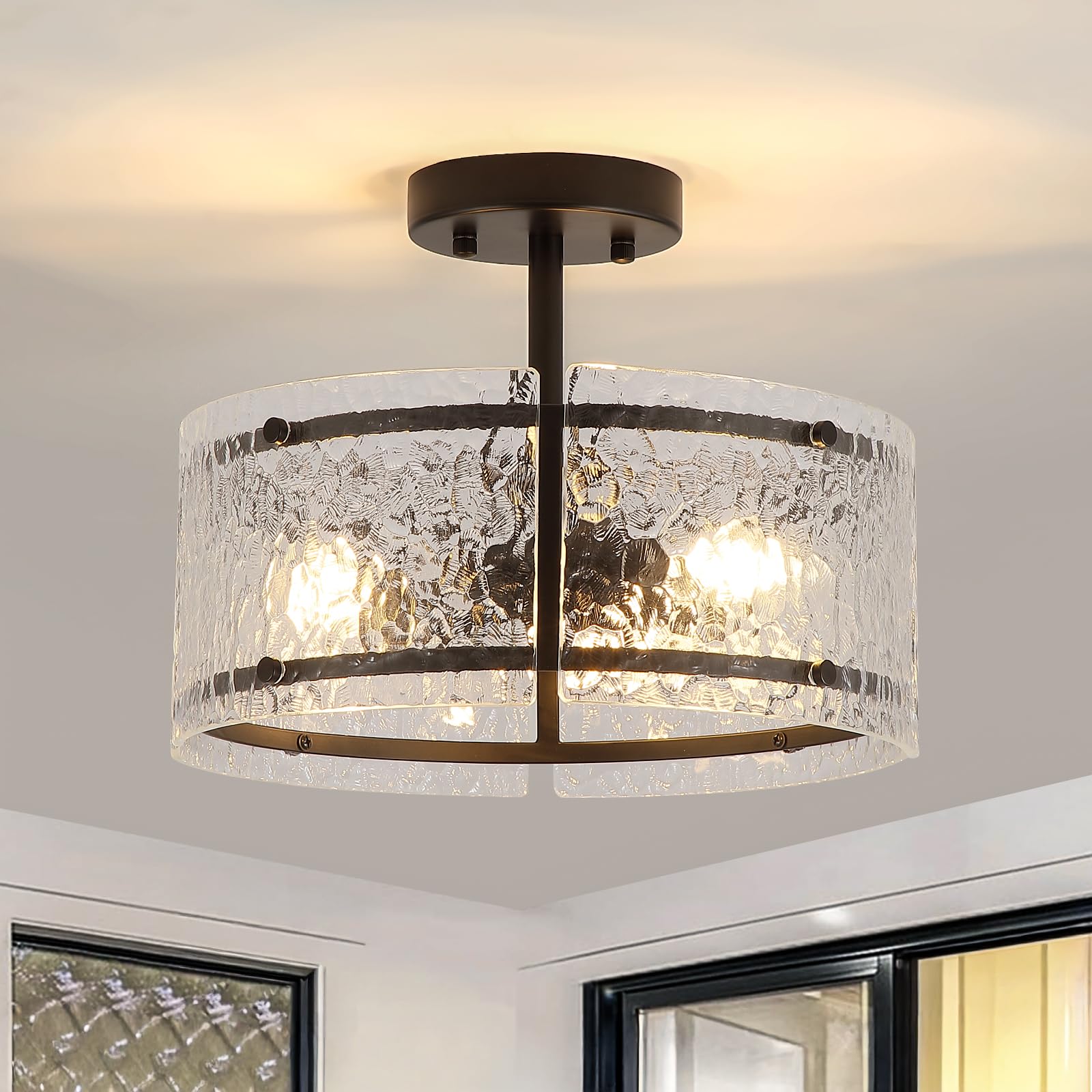Photo 1 of ALZWDHZ Black Semi Flush Mount Ceiling Light, 3-Light Foyer Lighting Fixtures, 12.6" Glass Hallway Entryway Ceiling Light Fixture for Dining Room Kitchen Bedroom Living Room