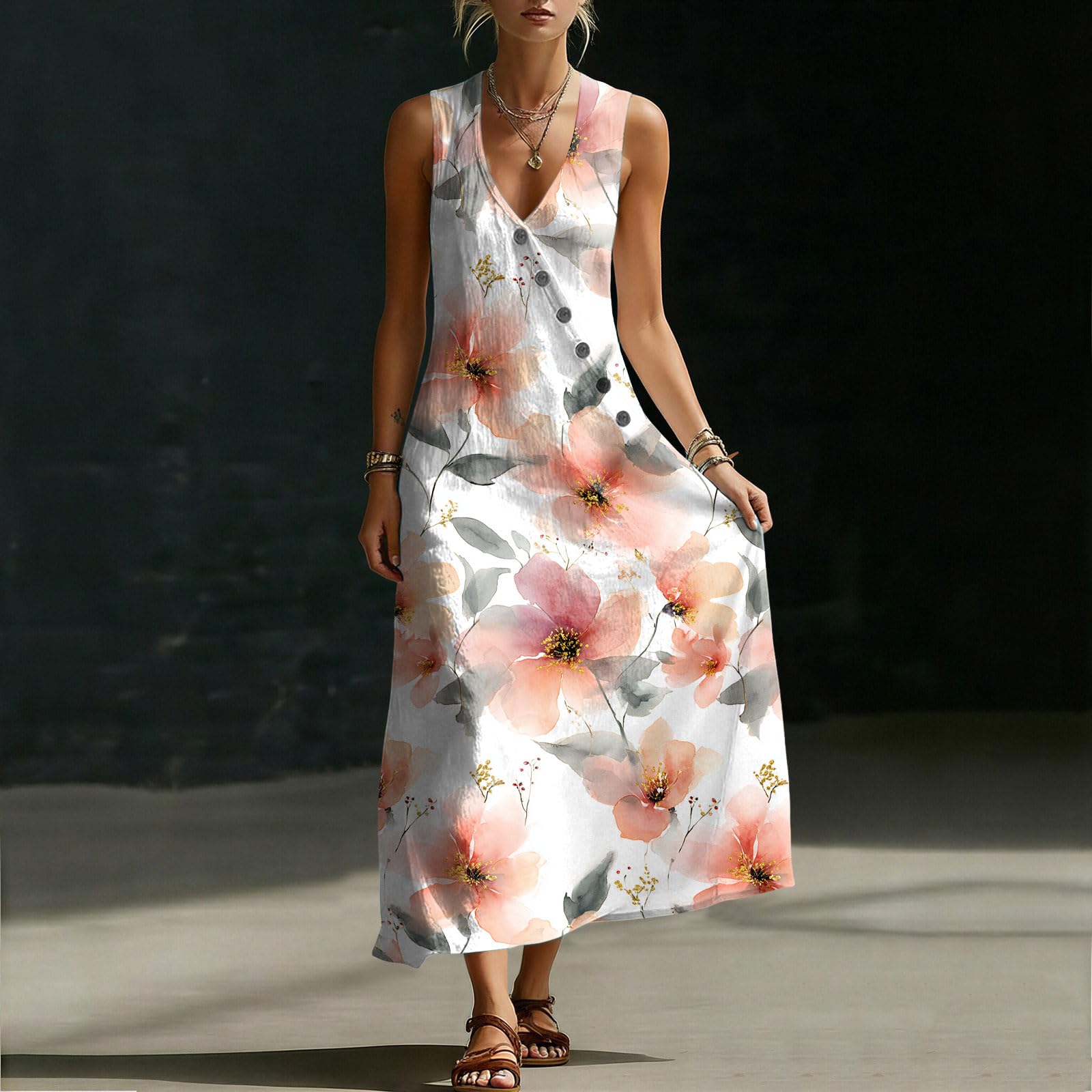 Abbigliamento Estivo Abito Estivo da Donna Senza Maniche con Fantasia Floreale, Bottoni Asimmetrici e Scollo a V. Vestito Mare Donna