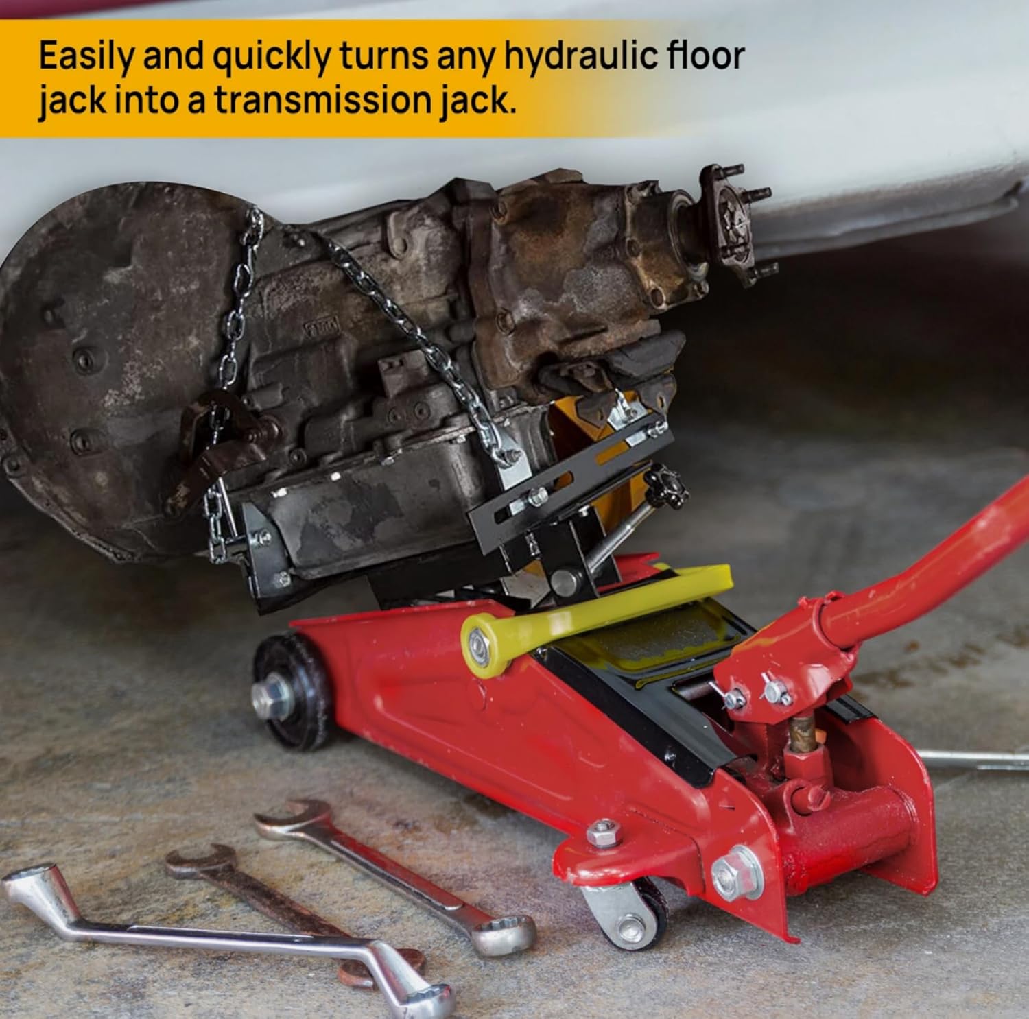 Transmission Jack Adapter - 1100 lbs Capacity 1/2 Ton Floor Jack Conversion Kit, Heavy Duty Iron Tray with 30 Degree Tilt and Safety Chain, Black and Silver