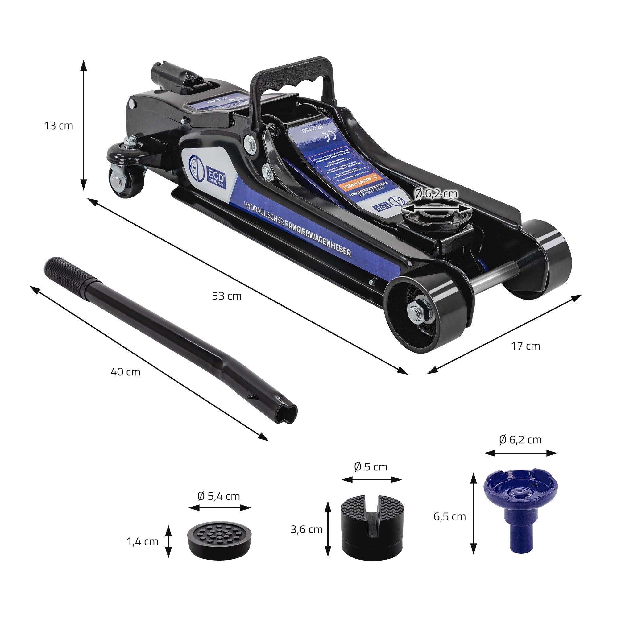ECD Germany Gato Hirdráulico de Coche 2,5T, Altura de Elevación 80-360 mm, 2X Almohadilla de Goma + 1x Adaptador SUV, Levantador Negro con Rodillo 360° Ergónomico, Fácil de Usar