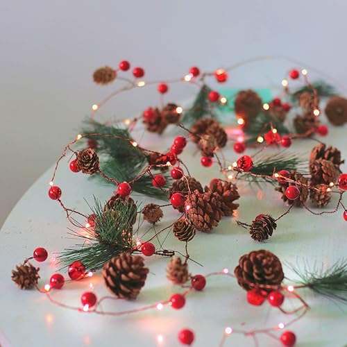 Christmas Pinecone Garlands with Lights, Vocal Metal Jingle Bell, Xmas Red Berry and Pine Leaf, Holiday Garland 10ft 30LEDs Battery Operated String Lights with Timer Flicker Options Remote Control