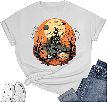 Women's Halloween Shirt: Crewneck Art Patterns Short Sleeve Halloween Party T-Shirt