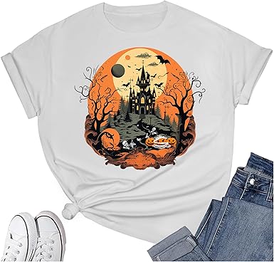 Women's Halloween Shirt: Crewneck Art Patterns Short Sleeve Halloween Party T-Shirt