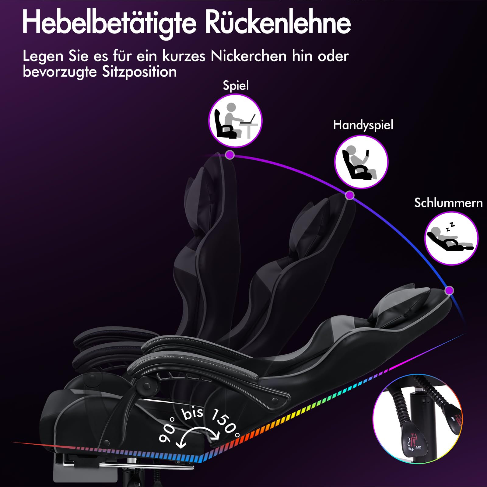 ALFORDSON Gaming Stuhl Massage Gamer Sessel, ergonomischer Bürostuhl, Schreibtischstuhl, Neigungswinkel 150°, höhenverstellbarer Computerstuhl, 180 kg bis, Einziehbare Fußstütze, PU-Leder, Grau
