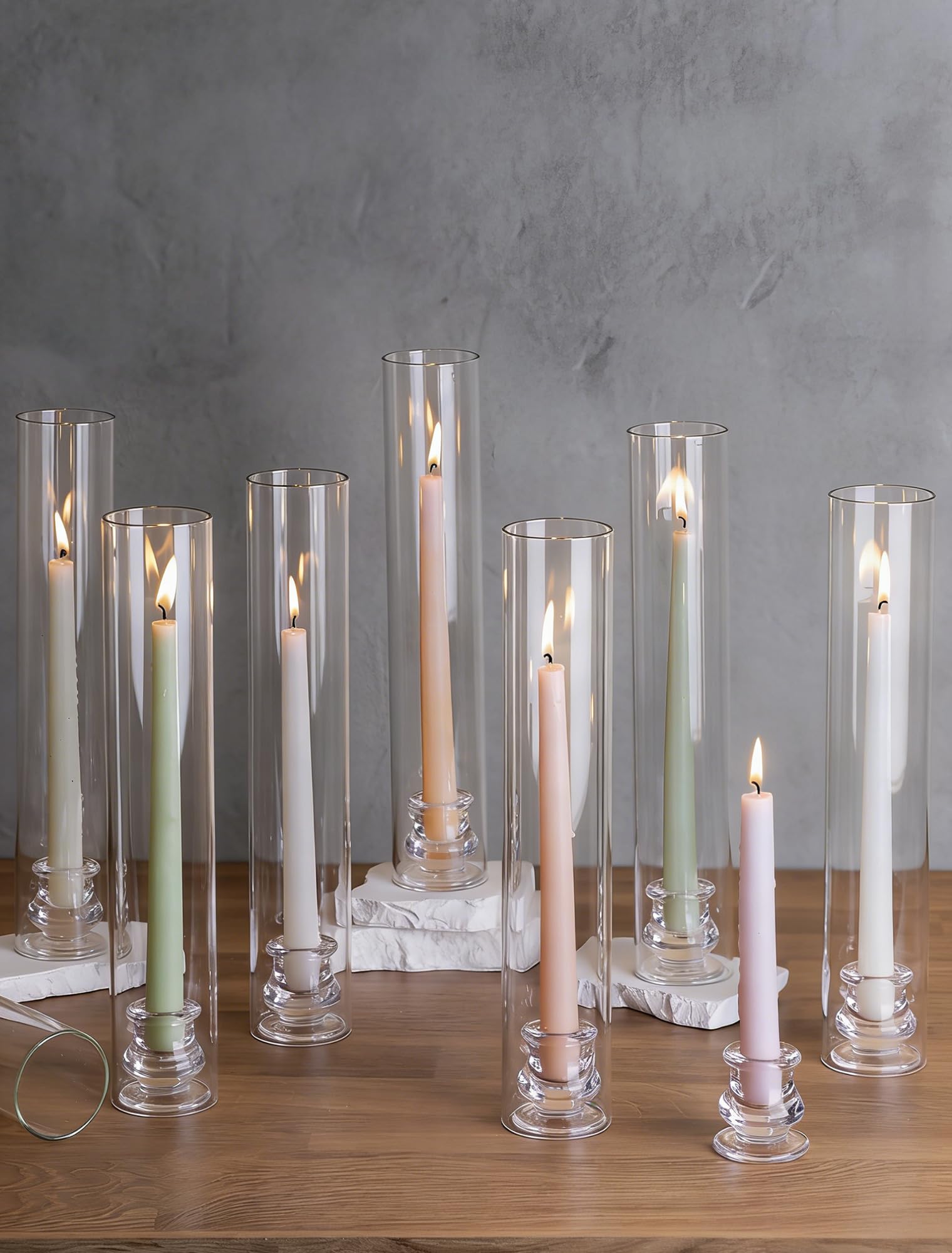 Photo 1 of NUPTIO Hurricane Glass Candle Holders: Set of 30 Candlestick Holder with Windproof Chimney Covers - Tall Taper Candleholder Bulk for Wedding Table Centerpiece