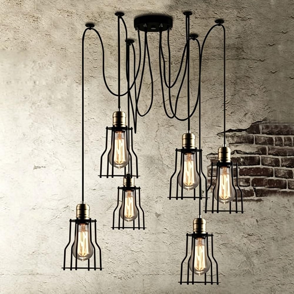 BLOOHK 6-Light Black Spider Chandelier, Industrial Cage Swag Pendant Light