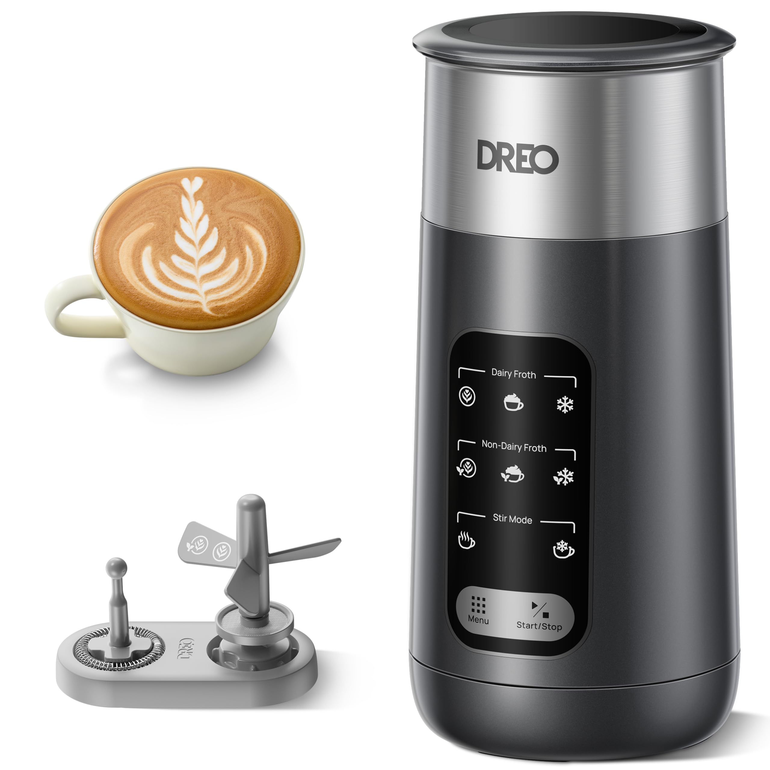 DREO Milk Frother, 8-in-1 Electric Stainless Steel Frother for Latte Art Microfoam and Coffee, 9oz/270ml Warm and Cold Foam Automatic Frothers, LED,
