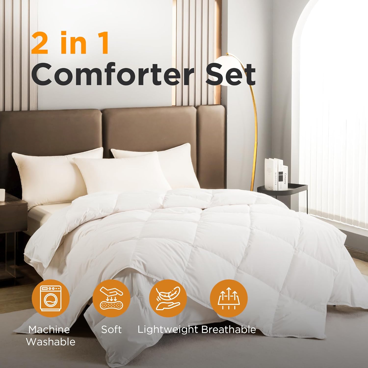 Sophia & William 2 in 1 All Season Comforter Set, 1 Feather & Down Comforter and 1 Microfibre Comforter, Snap Button to Attach, Fluffy Bedding Comforter with 100% Cotton Cover, Queen, White