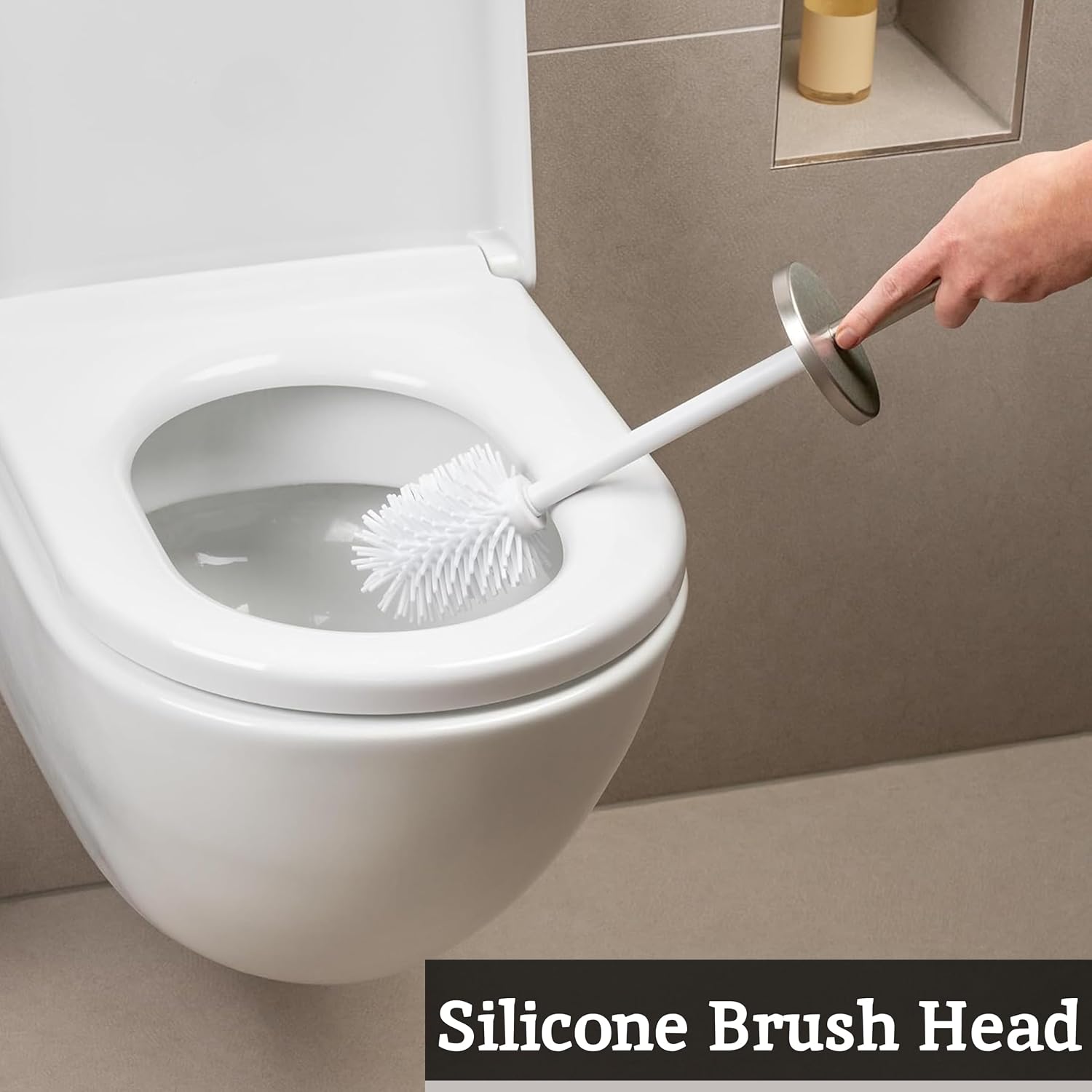 Premier Housewares Toilet Brush & Holder | Chrome Metal Toilet Brush Set | Attached Lid Toilet Cleaner Brush | Free Standing Loo Reflective Brush with White Bristles