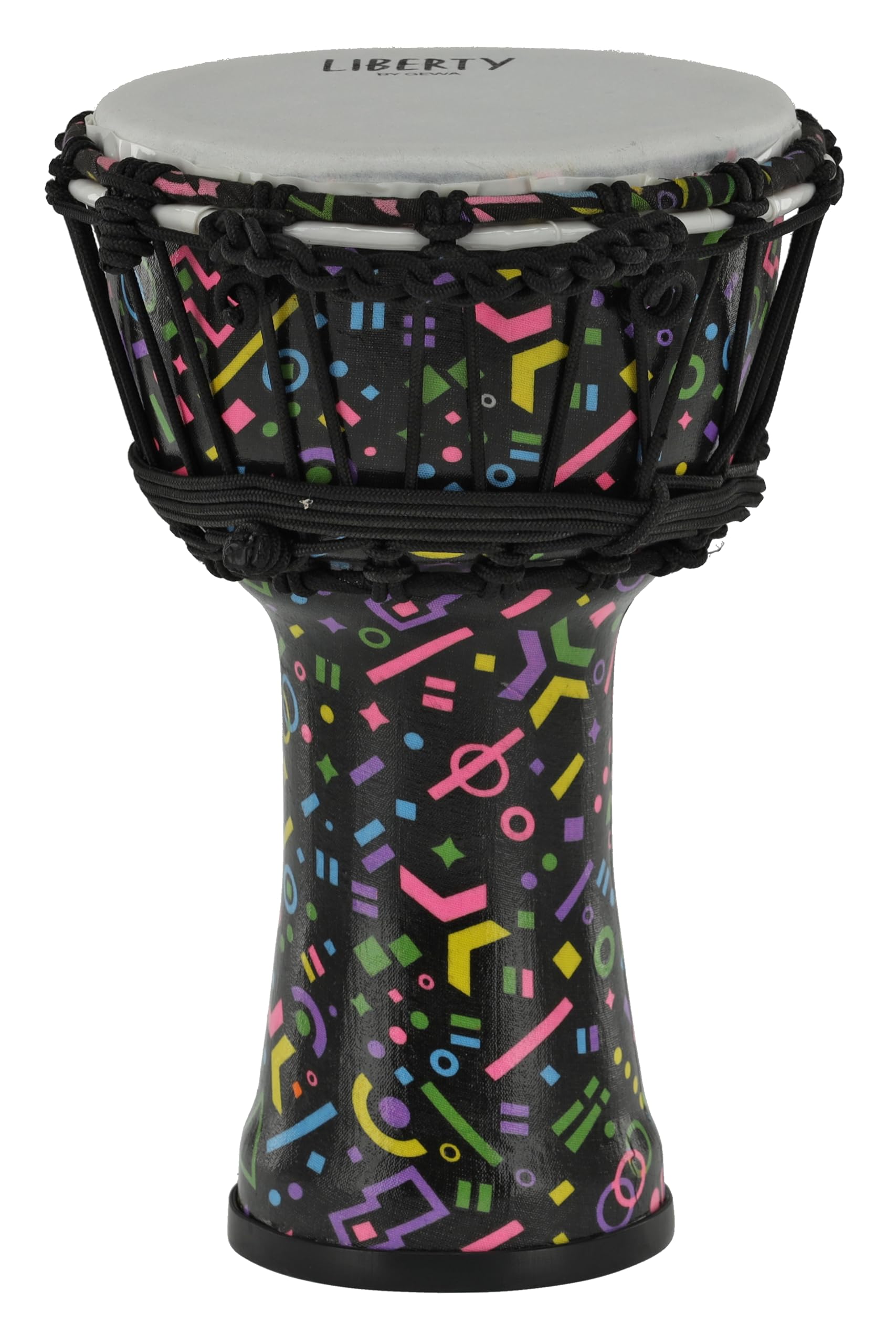 GEWA Liberty Djembé - System strojenia: linkowe - Średnica: 7" (17,8 cm) - Wysokość: 12,5" (31,5 cm) - Liczba sznurków: 14 - Wzór: Crazy neon