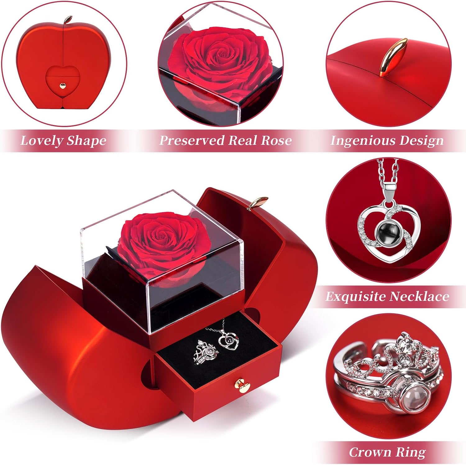 Preserved Real Rose with I Love You Necklace and Ring in 100 Languages, Mothers Day Rose Gifts for Mom, Forever Flowers Rose Gifts for Girlfriend,Women,Wife,Mom,Birthday,Christmas, WOKEISE