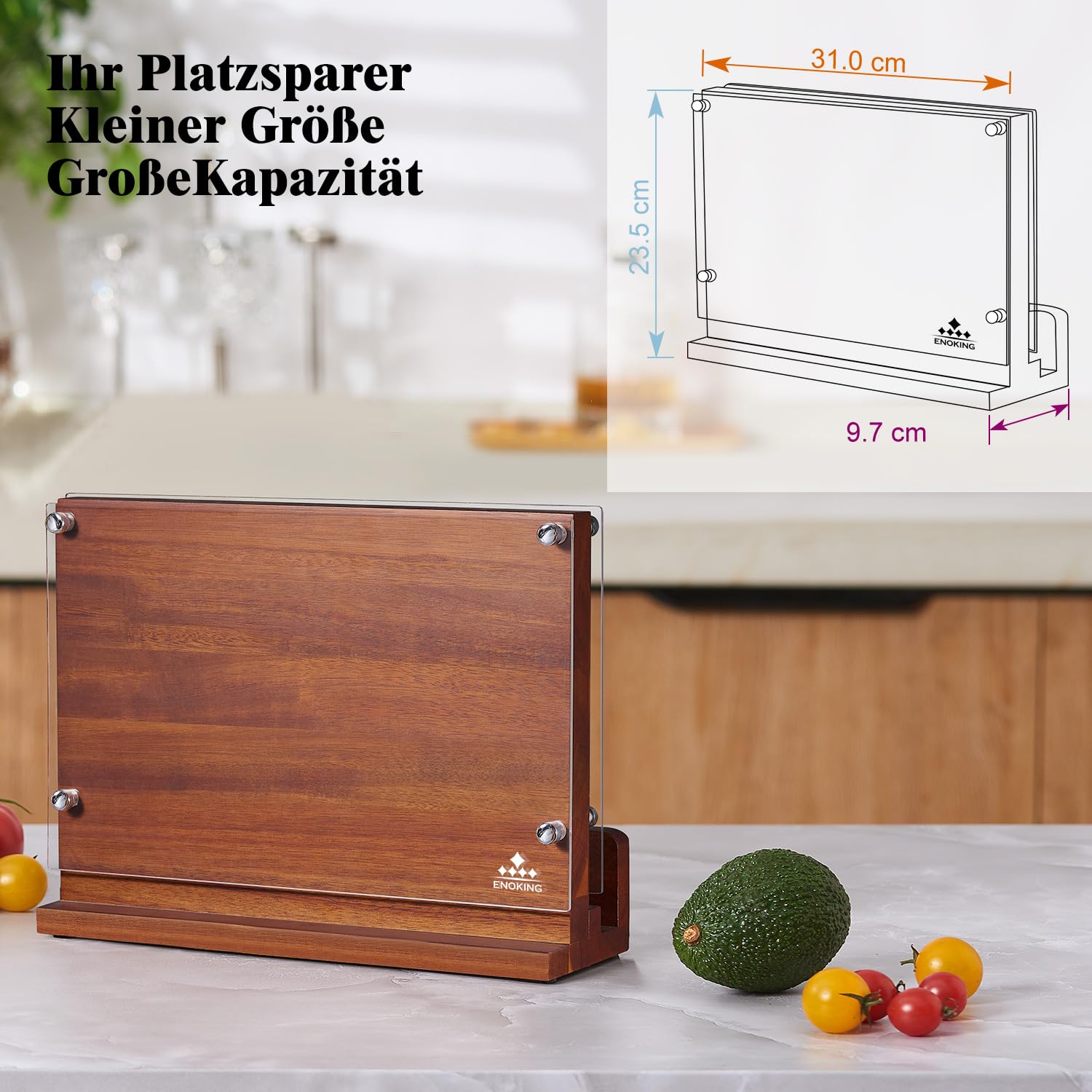 ENOKING Grande Porta Coltelli Cucina 31 x 23,5cm, Ceppo Porta Coltelli Doppio Lato MaGnetico con Schermo Acrilico, Premium Ceppo Coltelli Vuoto, Portacoltelli da Cucina in Legno di Acacia