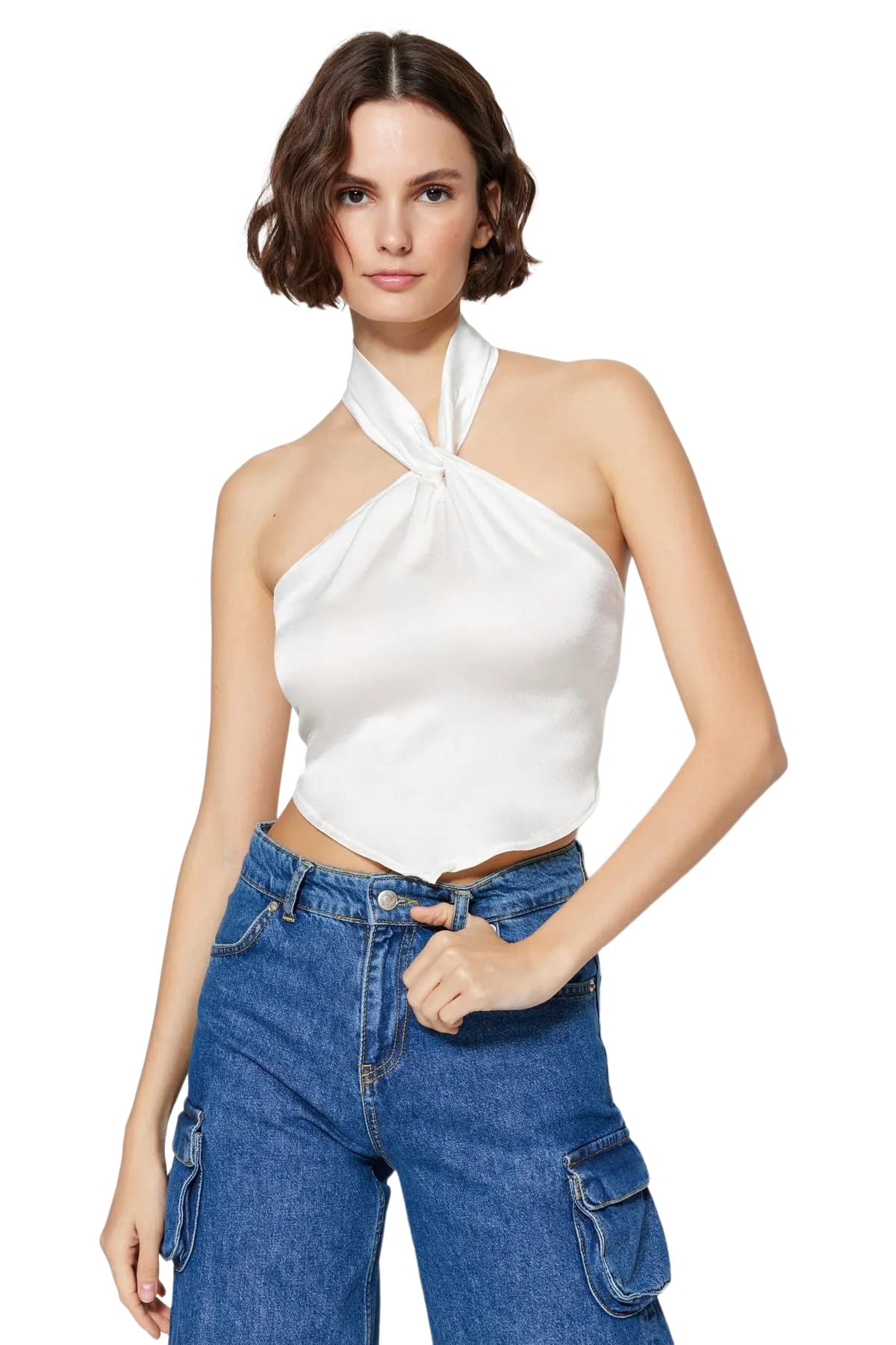 Trendyol Woman Slim fit Basic Halterneck Woven Blouse,Ecru,36