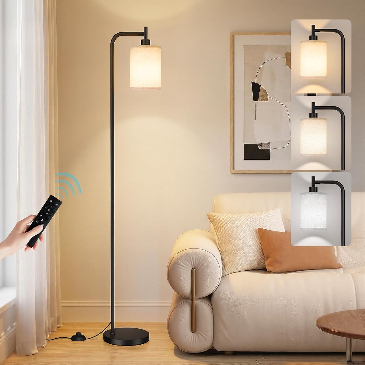 Lámpara de pie de 64 pulgadas con control remoto, lámparas de pie altas regulables para sala de estar, dormitorio, oficina, esquina, bombilla LED de 9 W incluida, interruptor de pedal, poste negro con pantalla beige