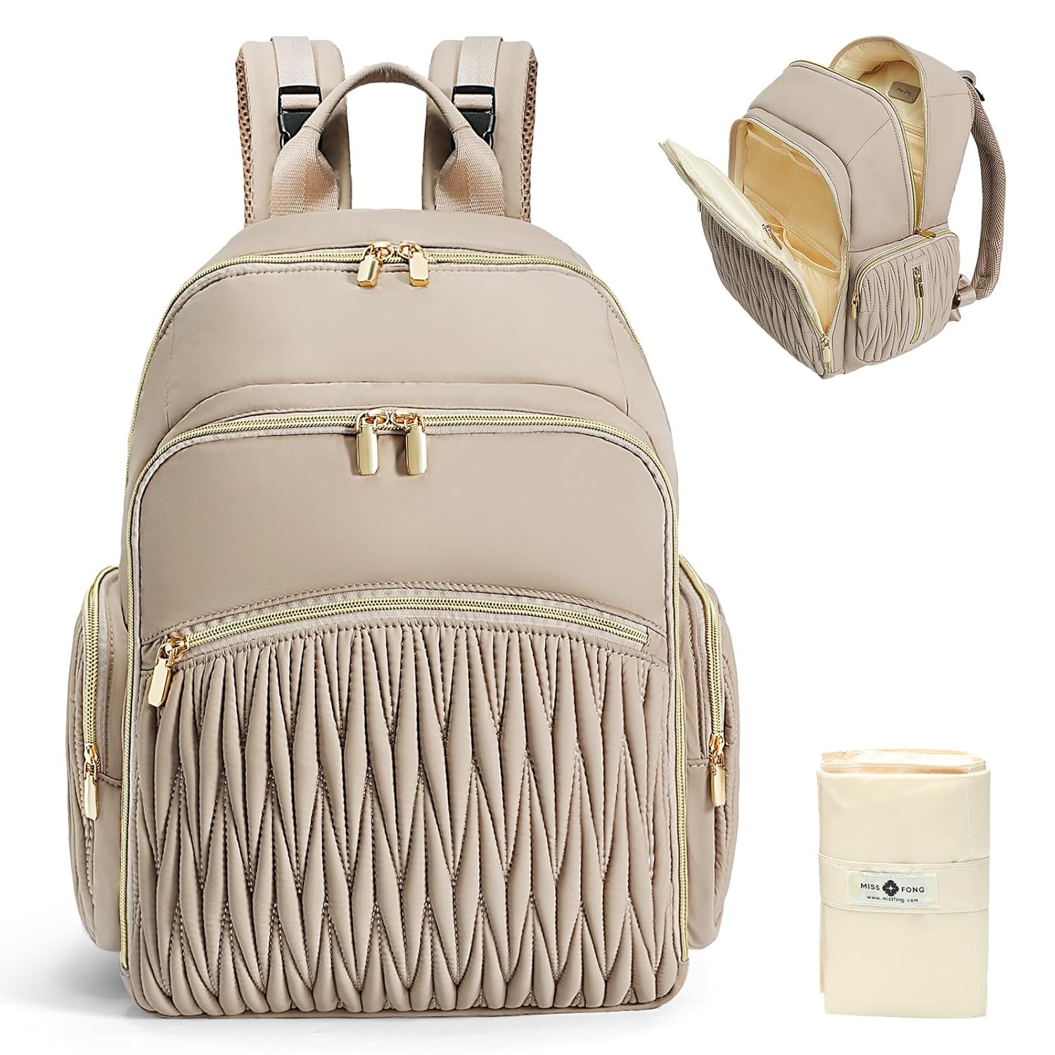 Miss Fong Diaper Bag Backpack - Quilted Travel Baby Bag with Changing Pad, 16 Pockets, Waterproof, Large Capacity - Mommy Backpack for Baby Shower Gifts (Khaki) - Image 8