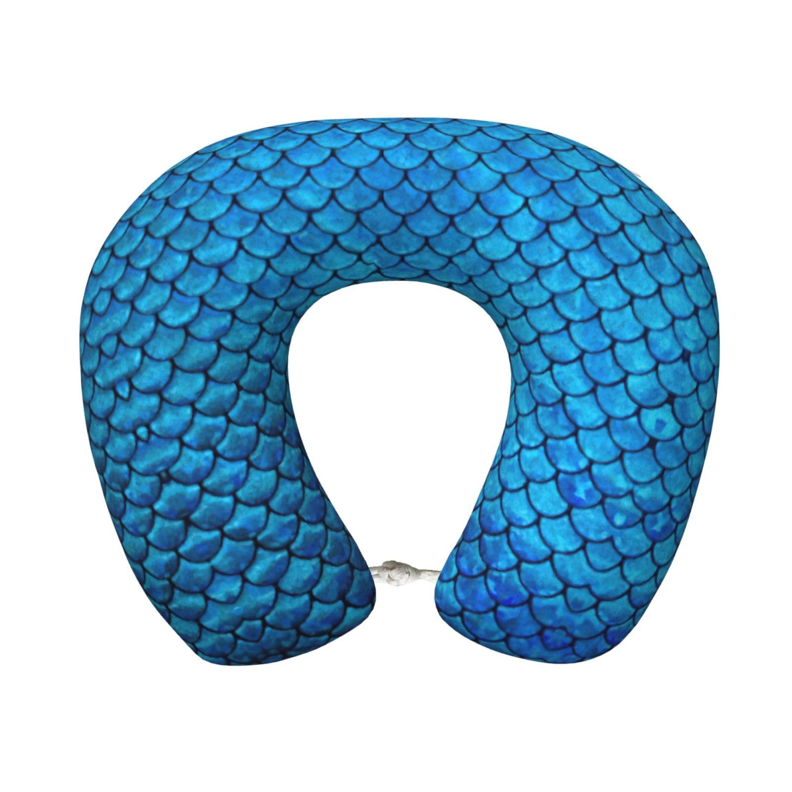 ASFgda U-Shape Memory Foam Blue Fish Scale Print Travel Pillow,Neck Support,Washable Cover For Airplane Car Home Office