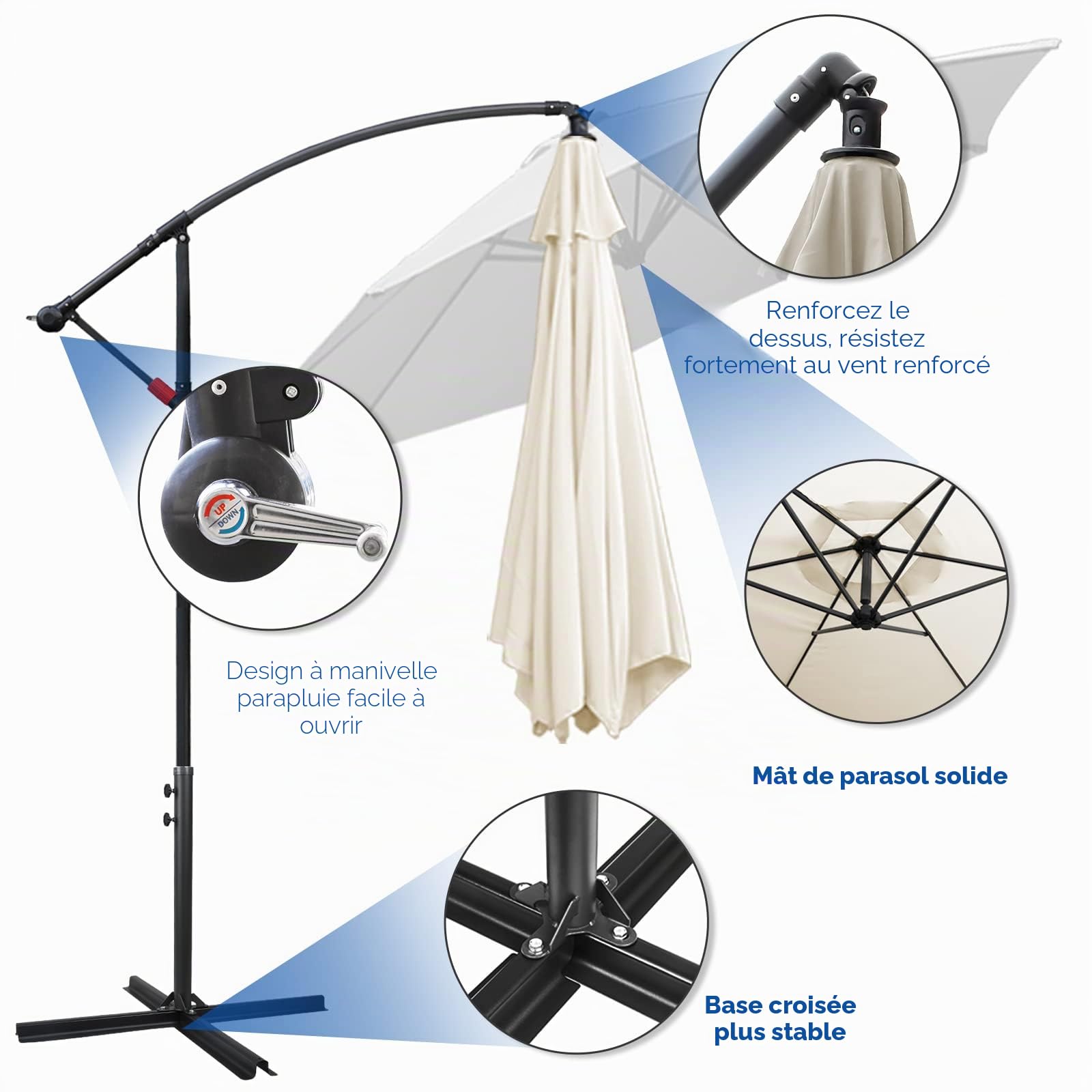 Fiqops Parasol solaire LED - Diamètre : 350 cm - Avec manivelle - En aluminium - Avec support - Protection solaire - Protection UV - En aluminium - Parasol de marché étanche pour le jardin