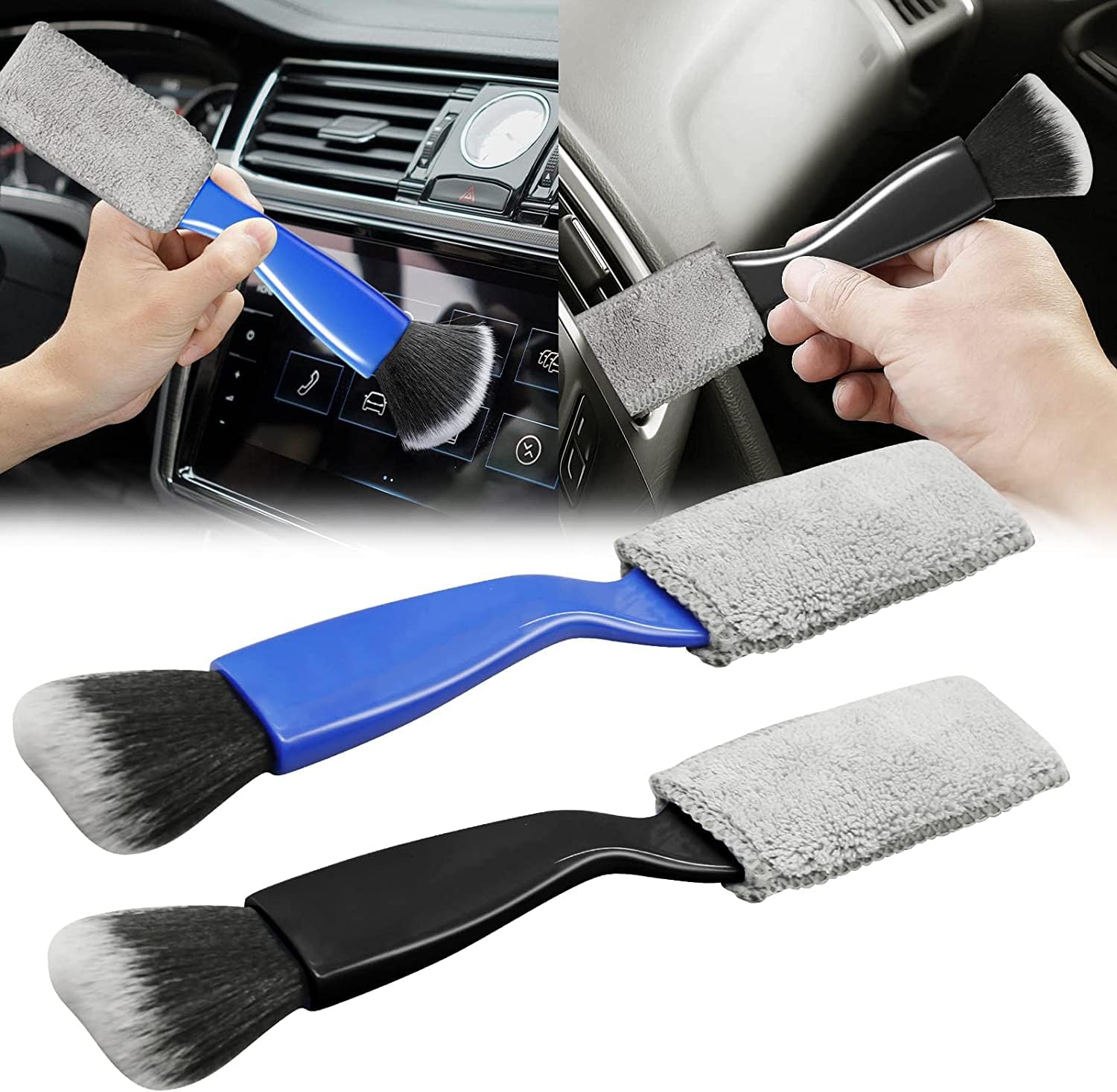 Goodern 2 Pcs Double Head Brush for Car Cleaning,Interior Car Cleaner 2 in 1 Car Duster Car Cleaning Brush,Portable Auto Detailing Tools Car Dust Brush for Cleaning Screen Air Vent Dashboard-Mix Color