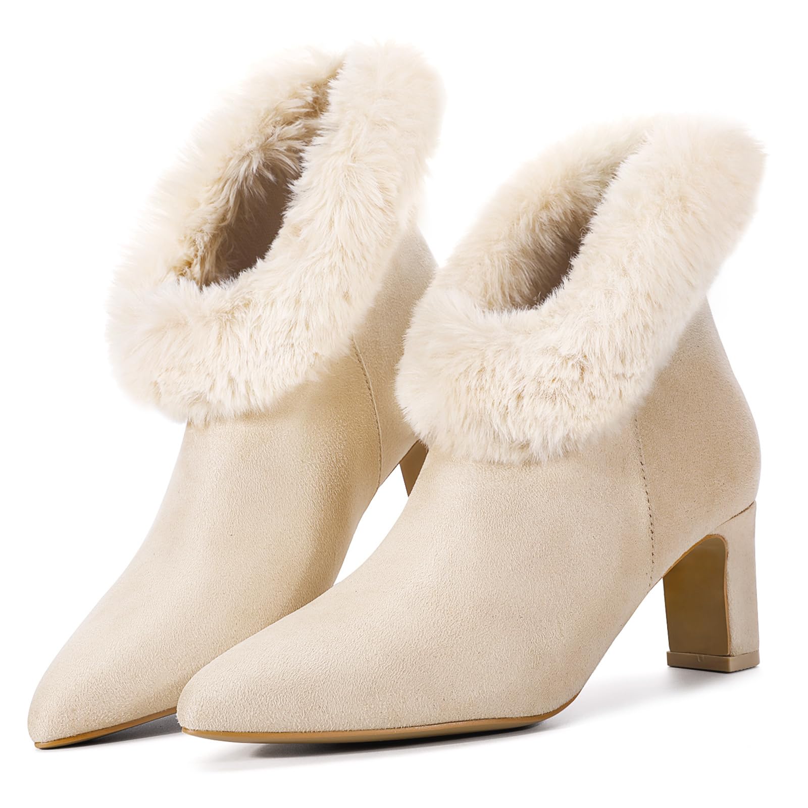Trakxy Women Fur Ankle Faux Suede Boot Chunky Heel Pointed Toe Zipper Dress Short Booties