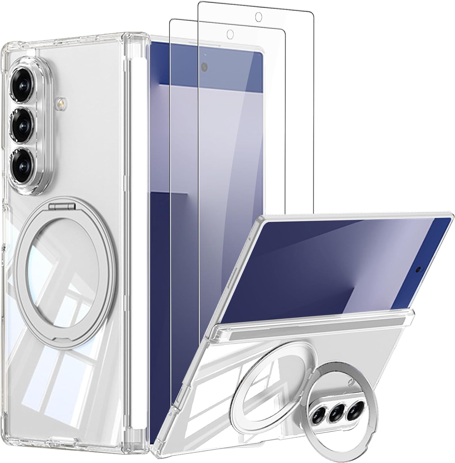 for samsung galaxy z fold 7 clear case with ring stand, [2x glass screen protector] military grade shockproof magnetic case compatible magsafe reinforce four corner tpu rugged cover clear