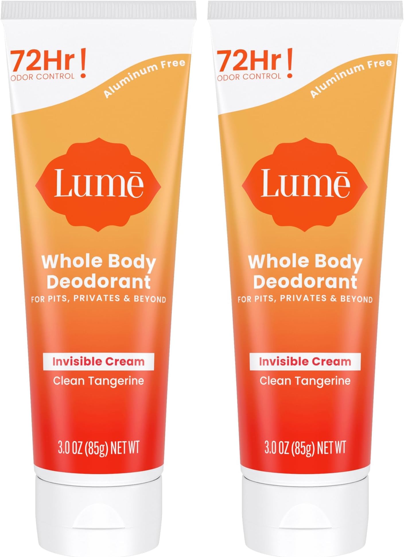 Lume Whole Body Deodorant - Invisible Cream Tube - 72 Hour Odor Control - Aluminum Free, Baking Soda Free, Skin Safe - 3.0 ounce (Pack of 2) (Clean Tangerine)