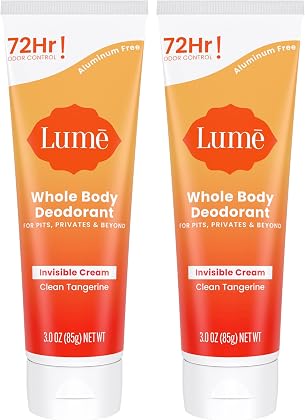 Lume Whole Body Deodorant - Invisible Cream Tube - 72 Hour Odor Control - Aluminum Free, Baking Soda Free, Skin Safe - 3.0 ounce (Pack of 2) (Clean Tangerine)