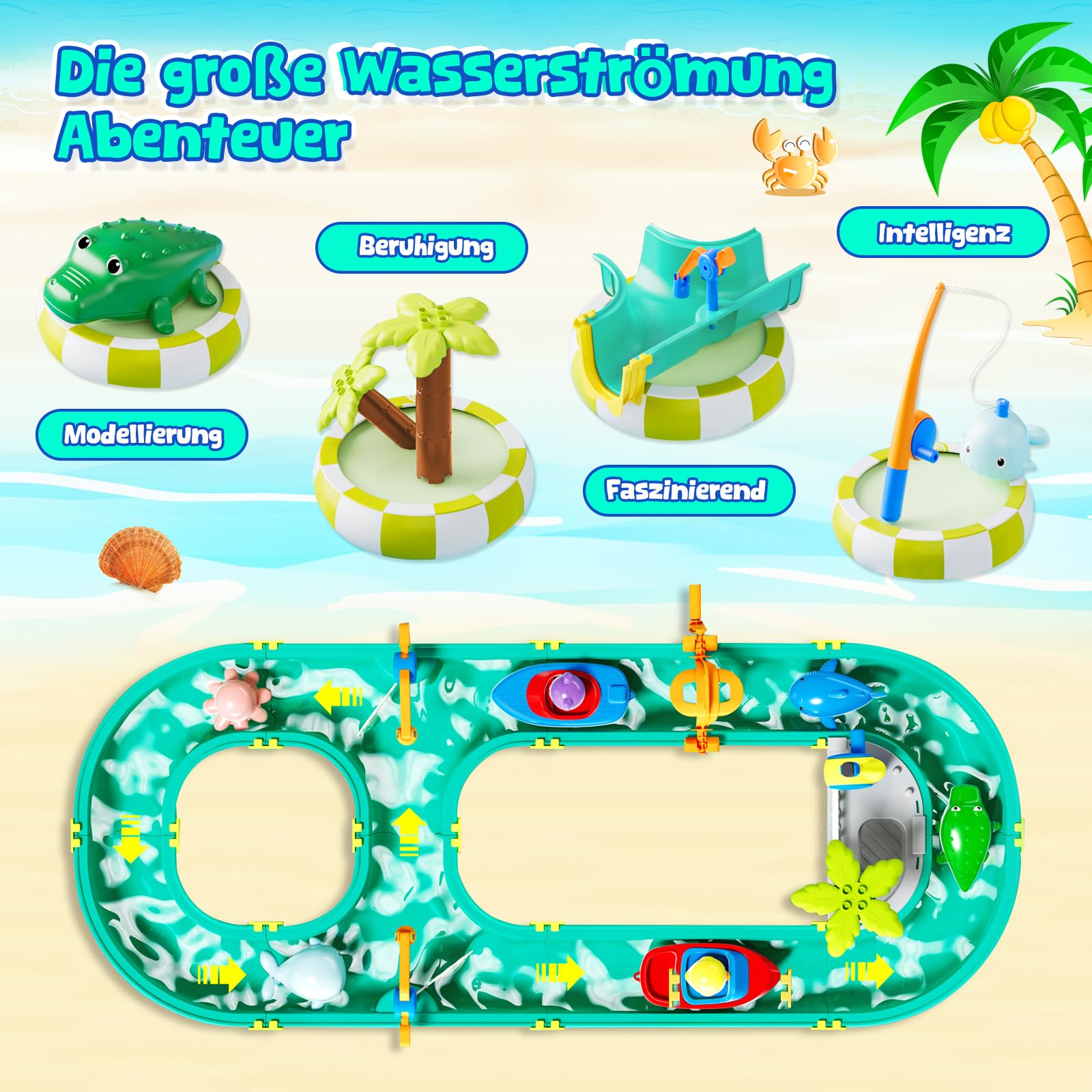 Joellfuner Pista de agua para niños al aire libre, set de juguete acuático 2 en 1 con botes, figuras de animales y pistolas de agua
