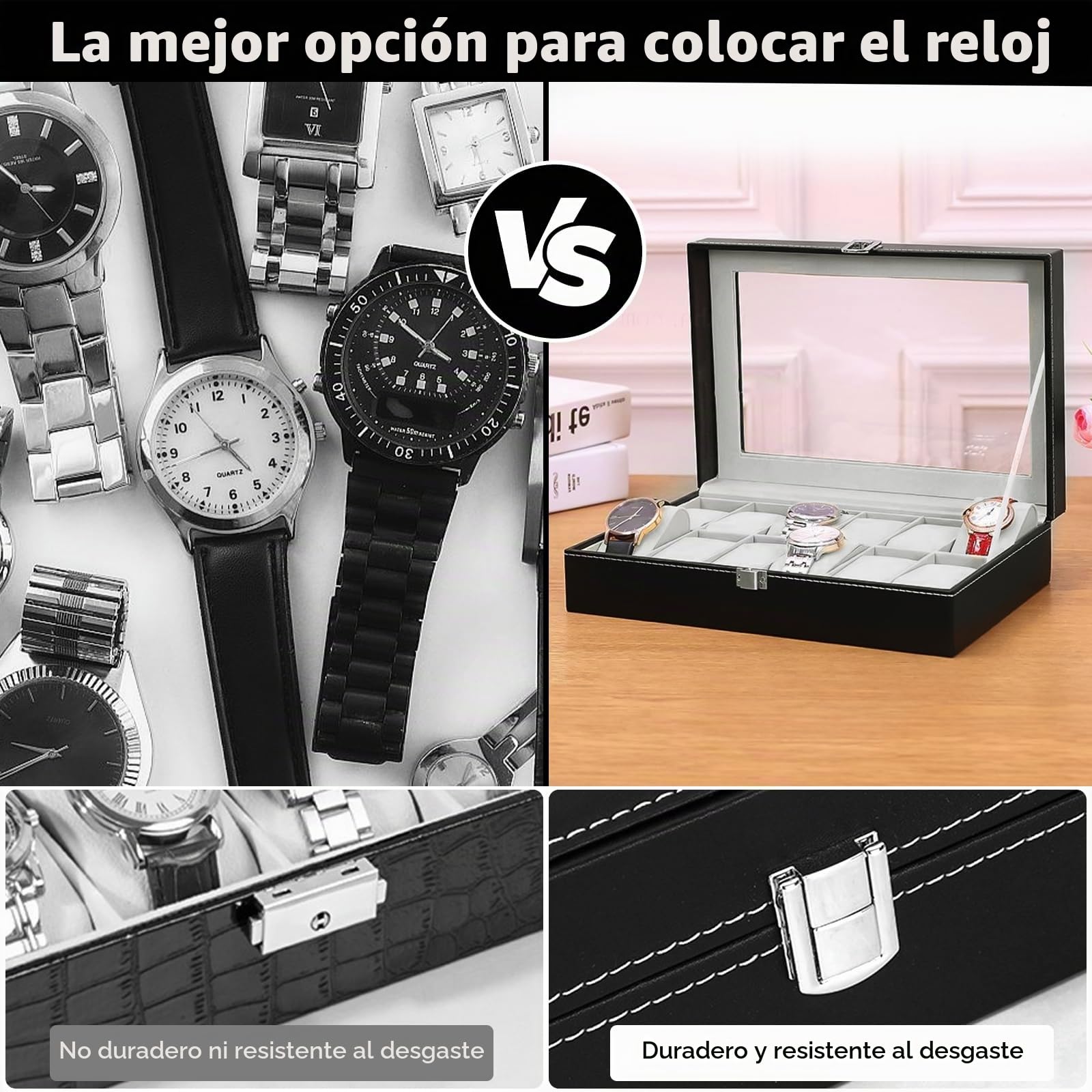 Caja para Relojes con 12 Compartimentos, Cristal y Cojín Extraíble