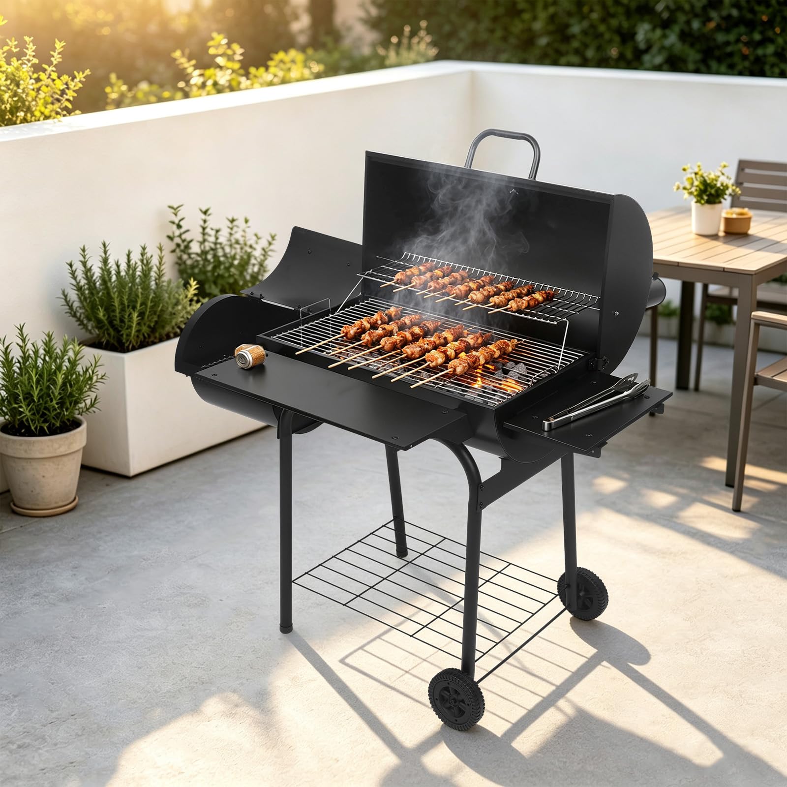 Barbecue a Carbonella con Affumicatore Laterale, Griglia 73x42 cm, Nero | Con termometro sul coperchio, camino, 3 griglie, ripiani portaoggetti e ruote; per giardino, terrazza e campeggio