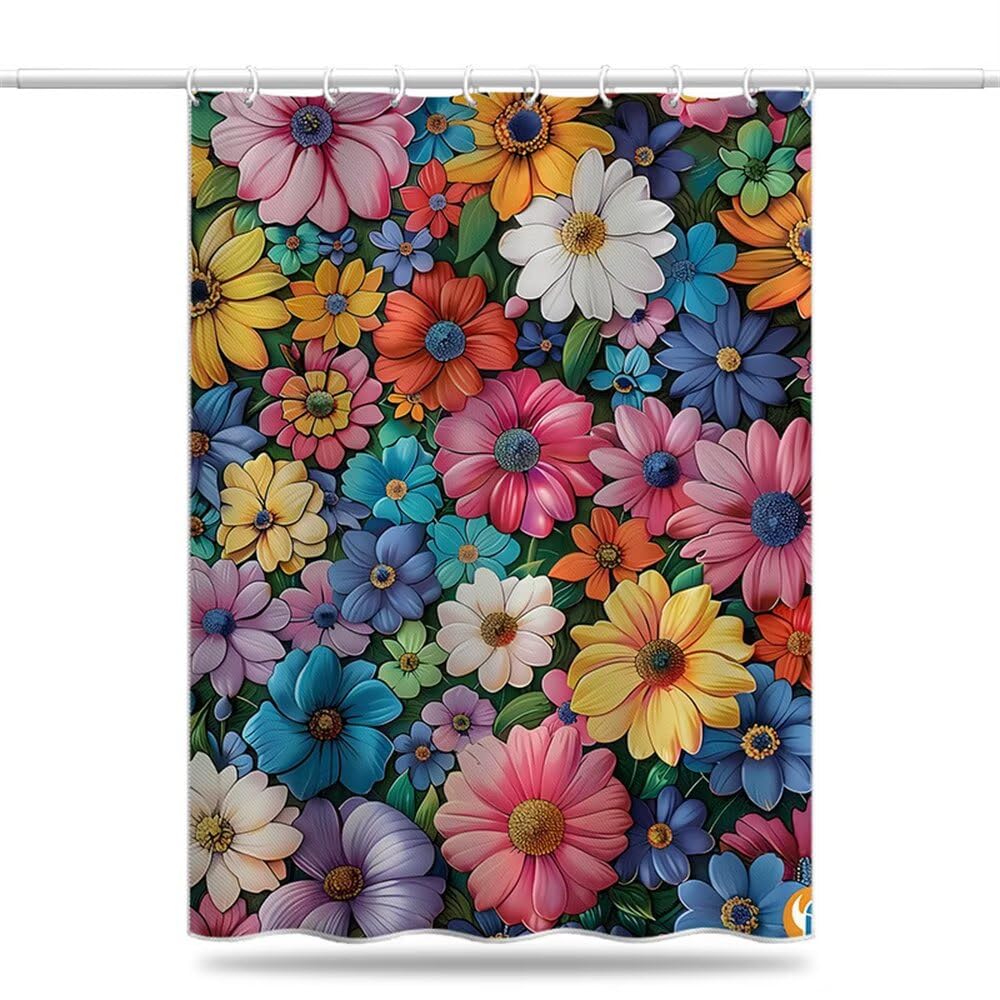 Shower Curtain Daisy Mould & Mildew Resistant Colorful Shower Curtains for Bathroom 120cm x 180cm Drop, Washable Waterproof Polyester Bath Curtain with Hooks and Weighted Hem 47 x 71 Inch (LB1897)