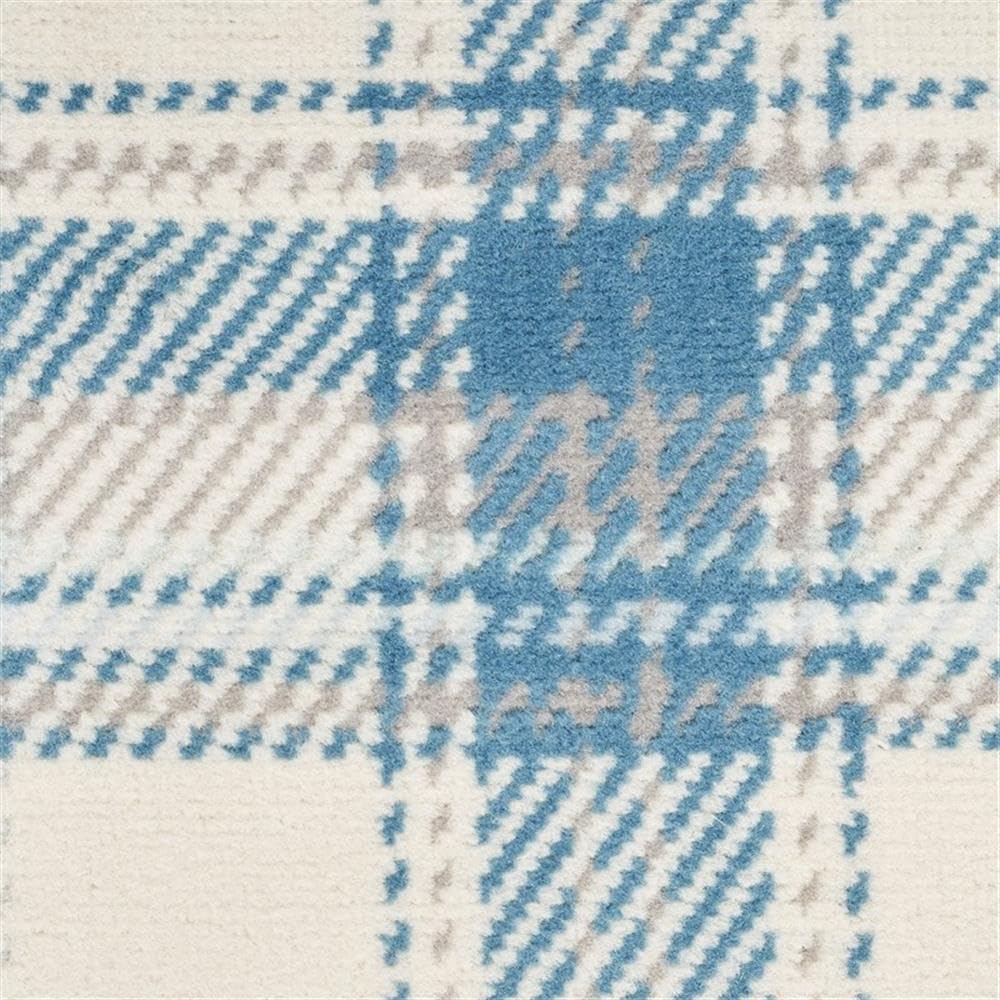 Pemberly Row 8' Runner Rug, Rustic Plaid Design, Fabric Ivory and Blue, Medium-Thick Polypropylene Pile, Machine-Made, Farmhouse Style, Indoor Rug for Living Room, Bedroom, or Entryway