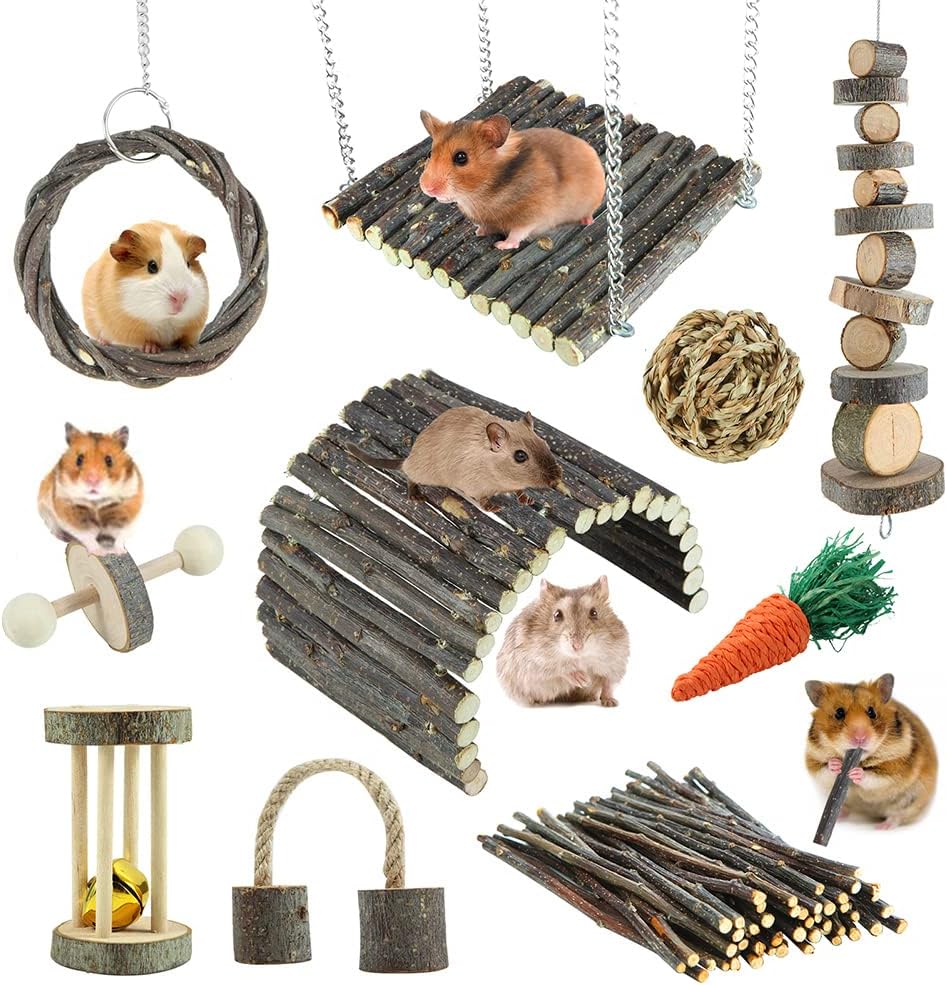 Hamster Chew Toys and Cage Accessories - Apple Wood Sticks, Ladder, Bell, Roller for Gerbil, Guinea Pigs, Chinchilla, Rat and Other Small Animals