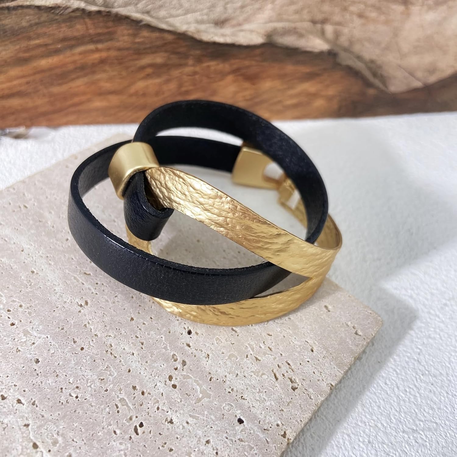 Bracelets for Women Leather Bracelet Multi-Layer Rope Wrap Bangle 14k Gold Plated Cirle Hollow Tube Boho Cuff Bangle Bracelets for Women Gift - Image 4