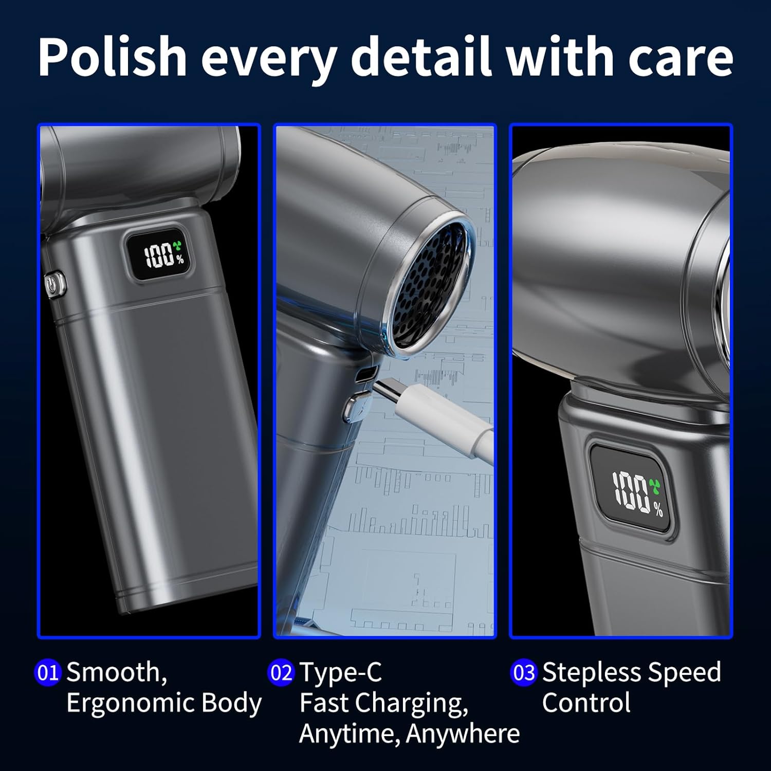 MAX Handheld Turbo Fan, 90,000 RPM Motor, 6 Speeds with Overclock Mode, Carbon Fiber Blades, 6000mAh USB-C Rechargeable Battery, Portable Fan for Outdoor, Home, Car, Silver Grey