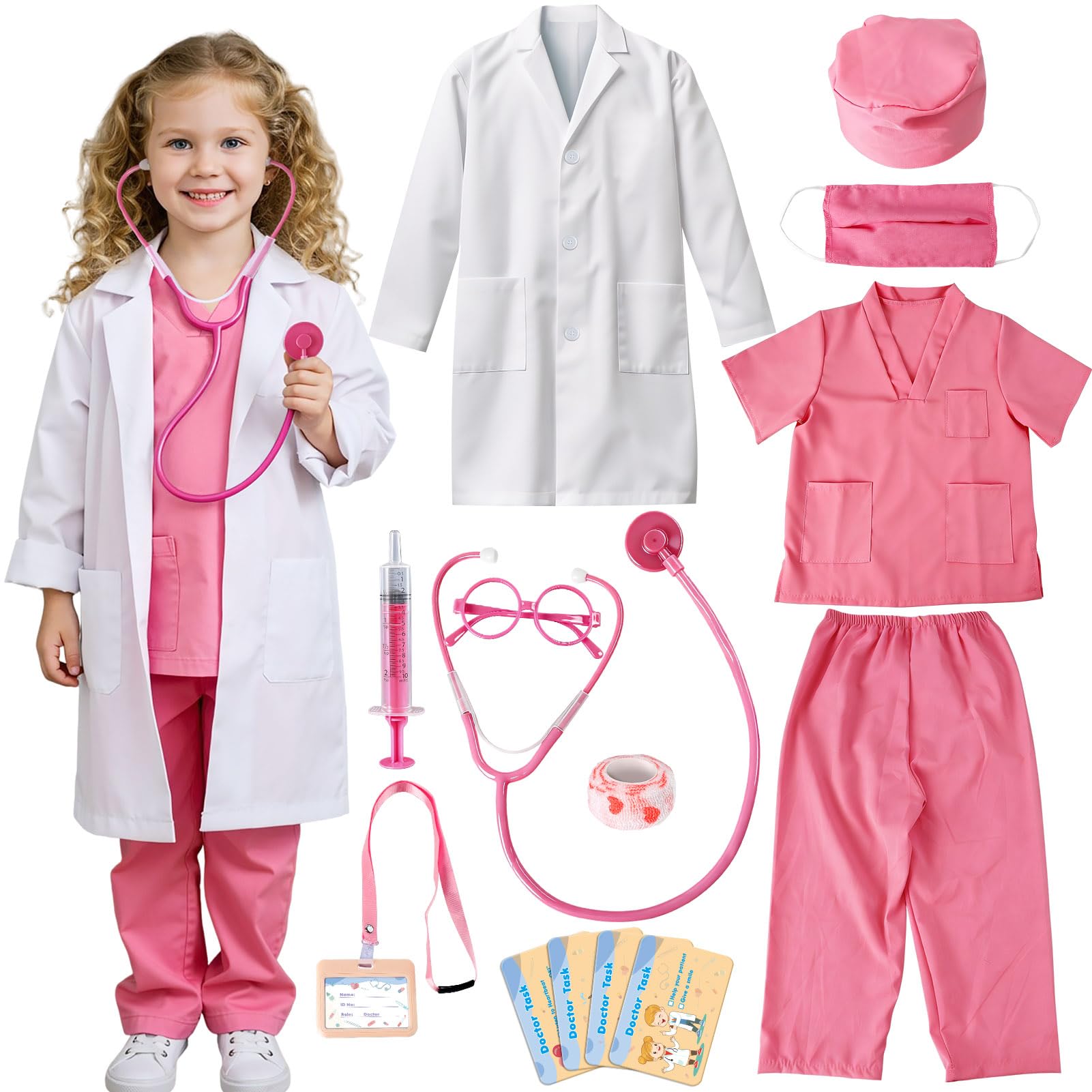 UNGLINGA Doctor Costume for Girls - Kids Scrubs with Lab Coat Stethoscope, Doctor Dress Up for Halloween Career Day Role Play (M (5–6Y))