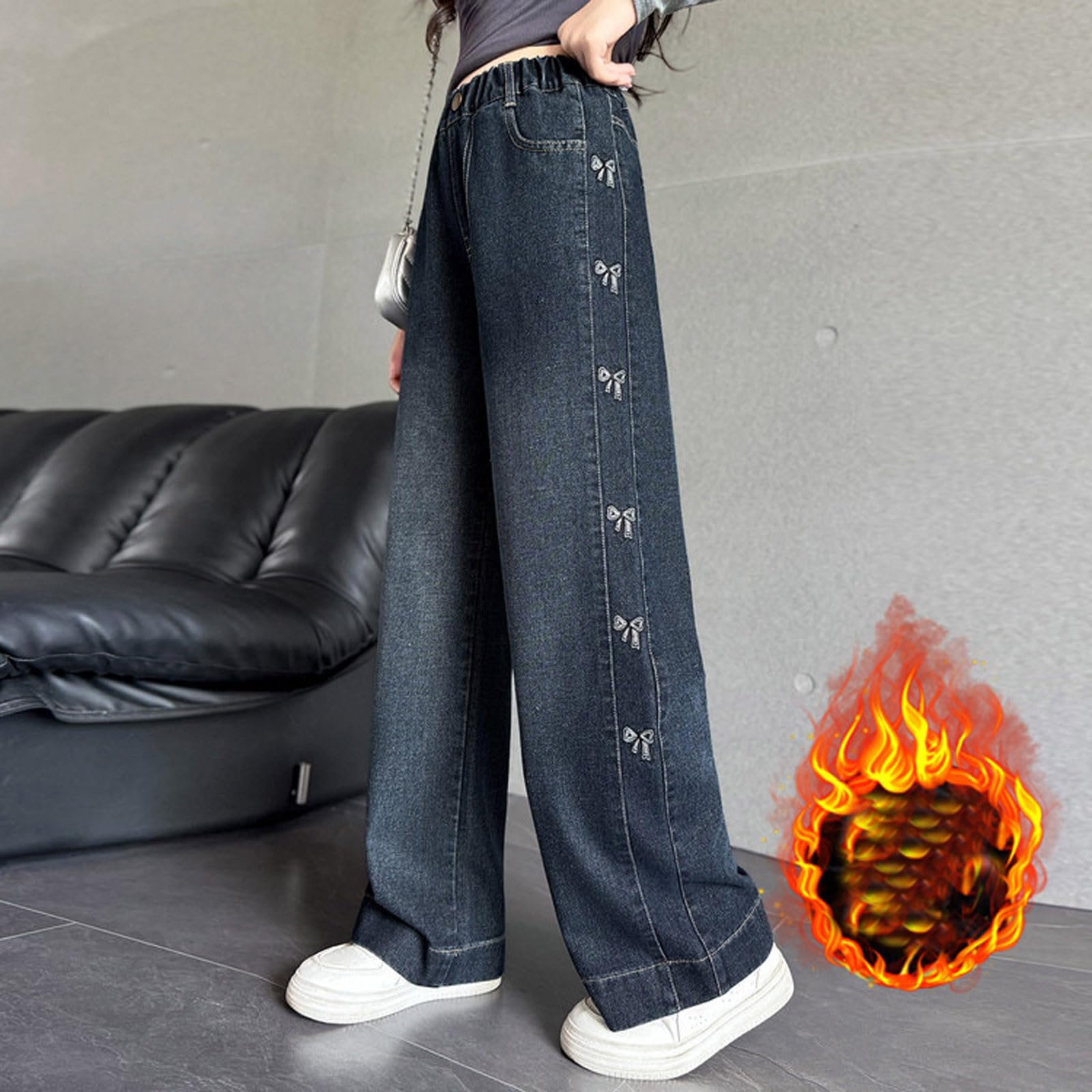Vaqueros Niña 5-15 Años Anchos Rectos Forro Polar Pantalon Vaquero Adolescentes Chica Elasticos Talle Alto Lazo Vintage Y2K Jeans Pantalones Vaqueros Cargo Denim Baggy Grueso Invierno