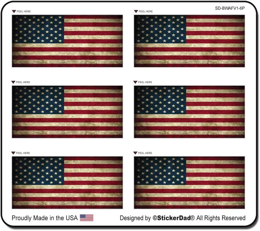 (6 Pack) Battle Worn American Flag V1 - Full Color Printed - (Size: 2" x 1") - Hard Hat, Helmet, Windows, Walls, Bumpers, Laptop, Lockers, etc.