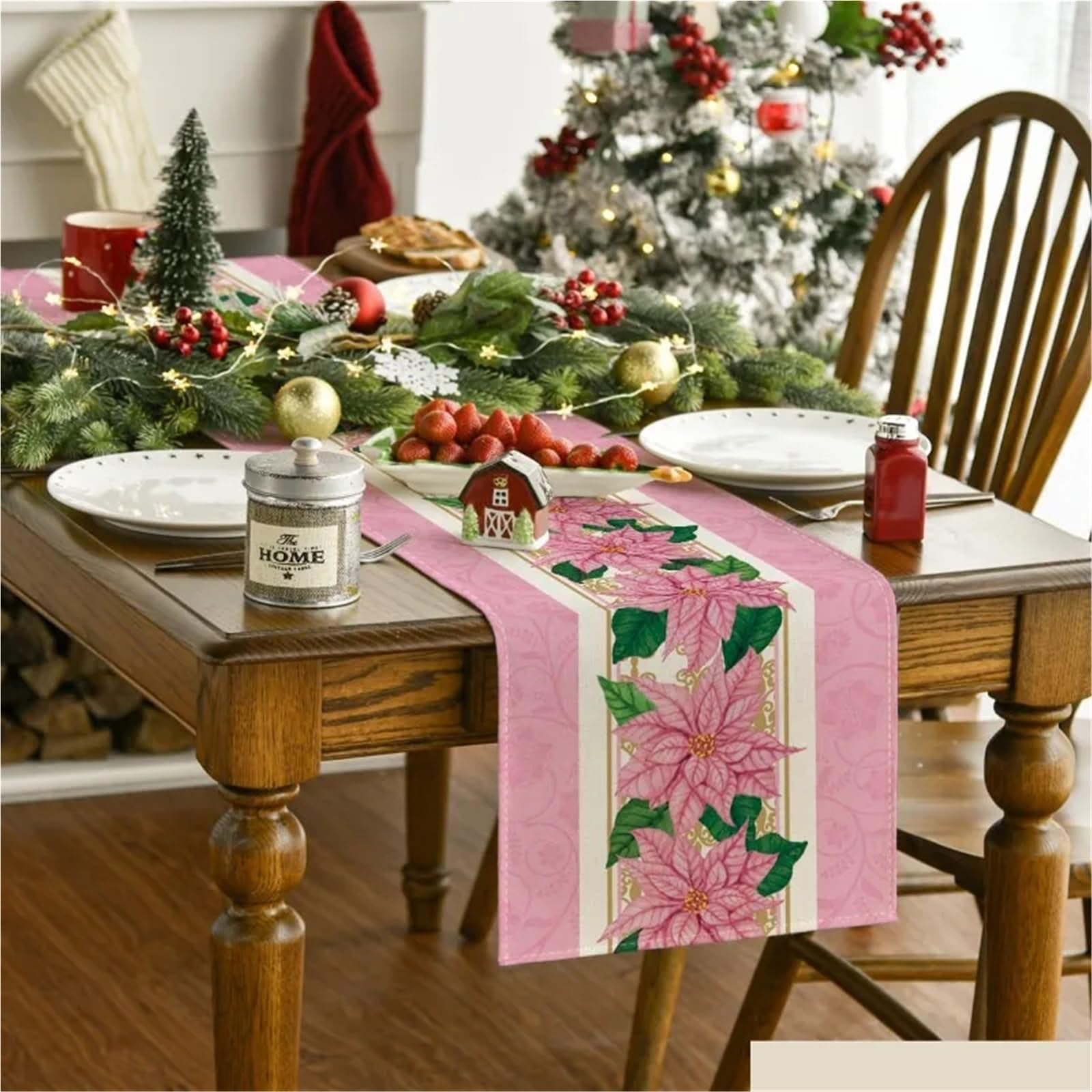 Elegante y lujoso Camino de mesa de lino rosa navideño, mantel de ambiente festivo, mesa de centro, Fireplace, cubierta de armario, decoración de cena de Boda en Cocina casera Regalos navideños(1,180x